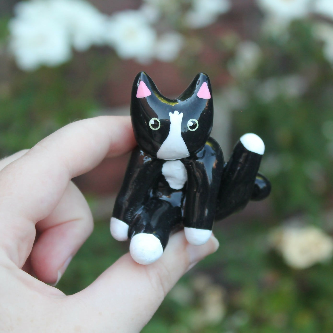 Handmade Polymer Clay Sitting Cat Figure - Tuxedo