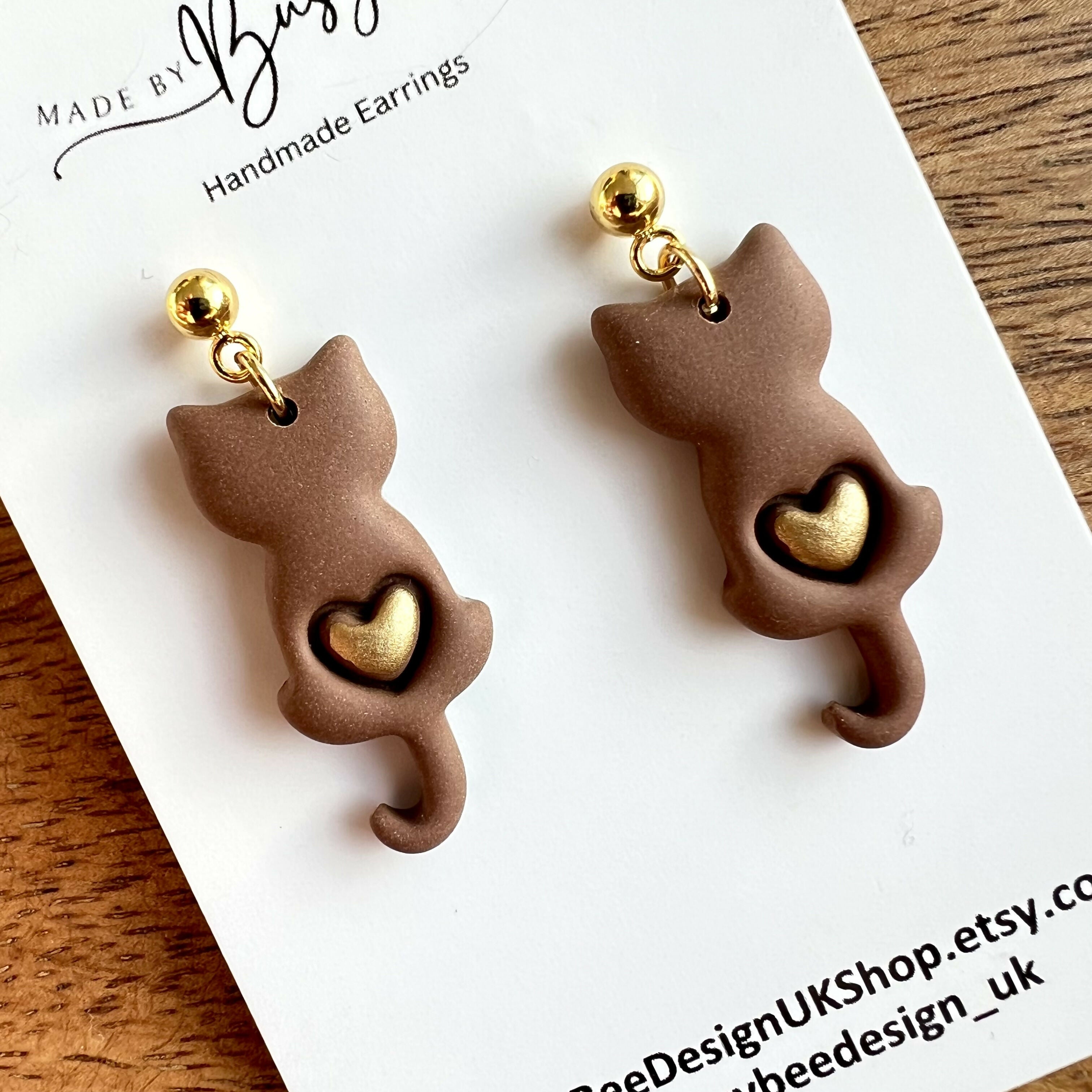 Polymer Clay Floral Cats Earrings / Handmade Cute Animal Dangles