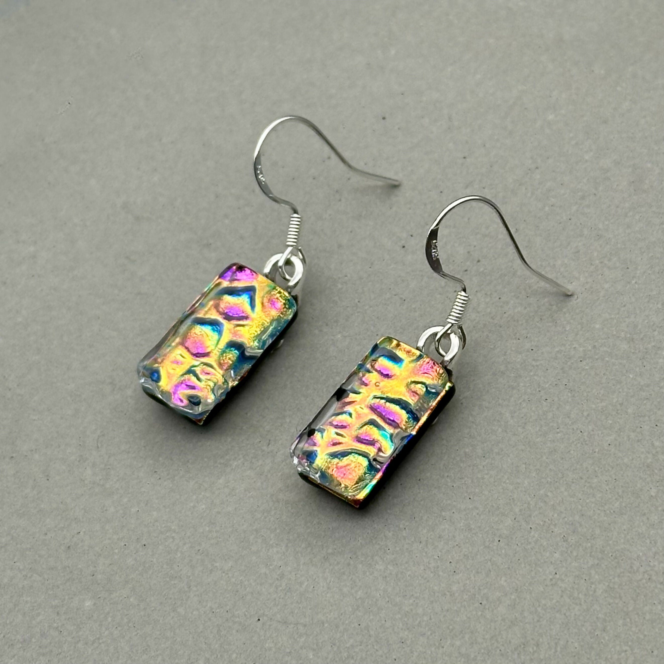 Pink & Orange Raindrop Dichroic Glass Necklace and Earrings Set - Sterling Silver, Handmade by Jade Tapson Glass