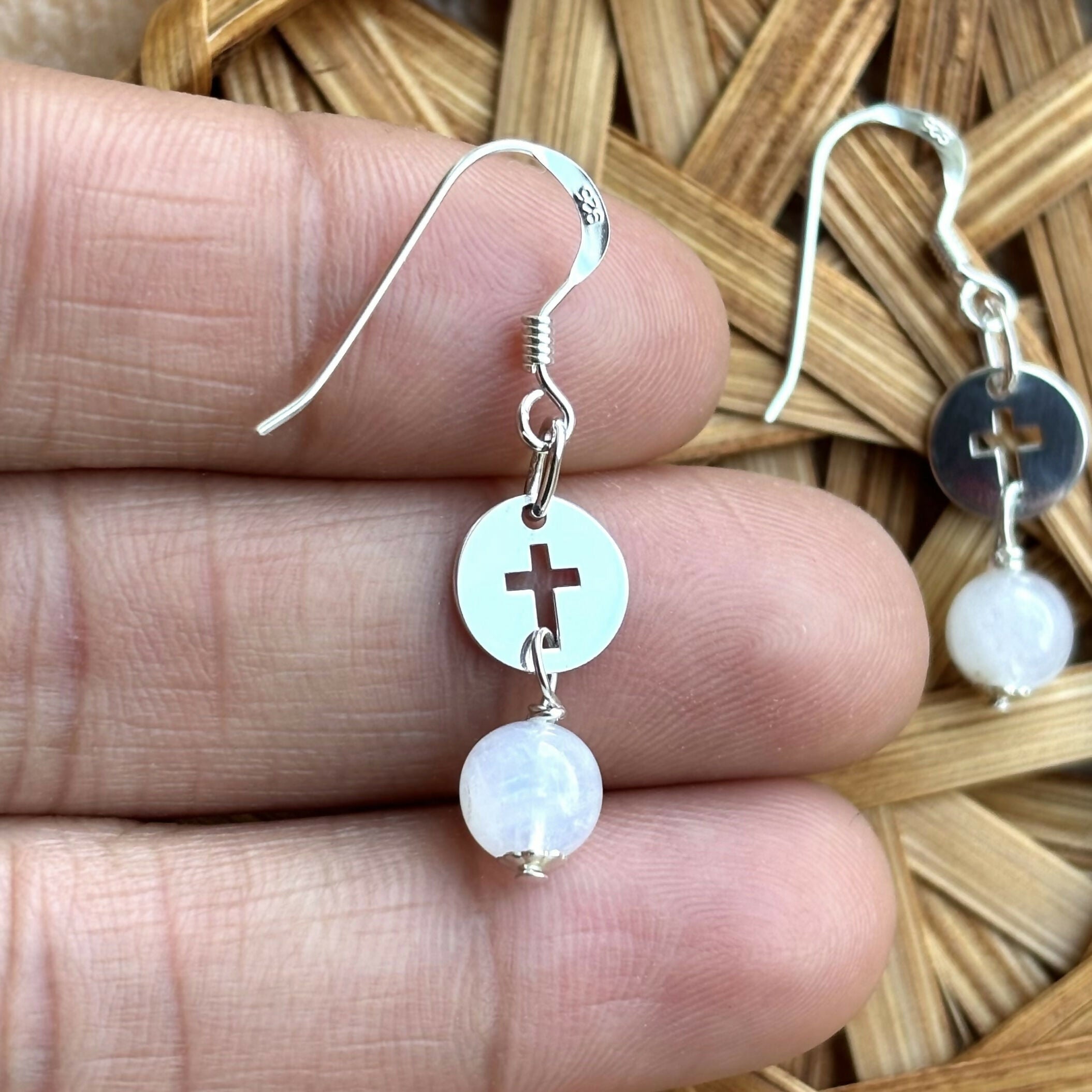 Sterling Silver Cross Earrings with Moonstone