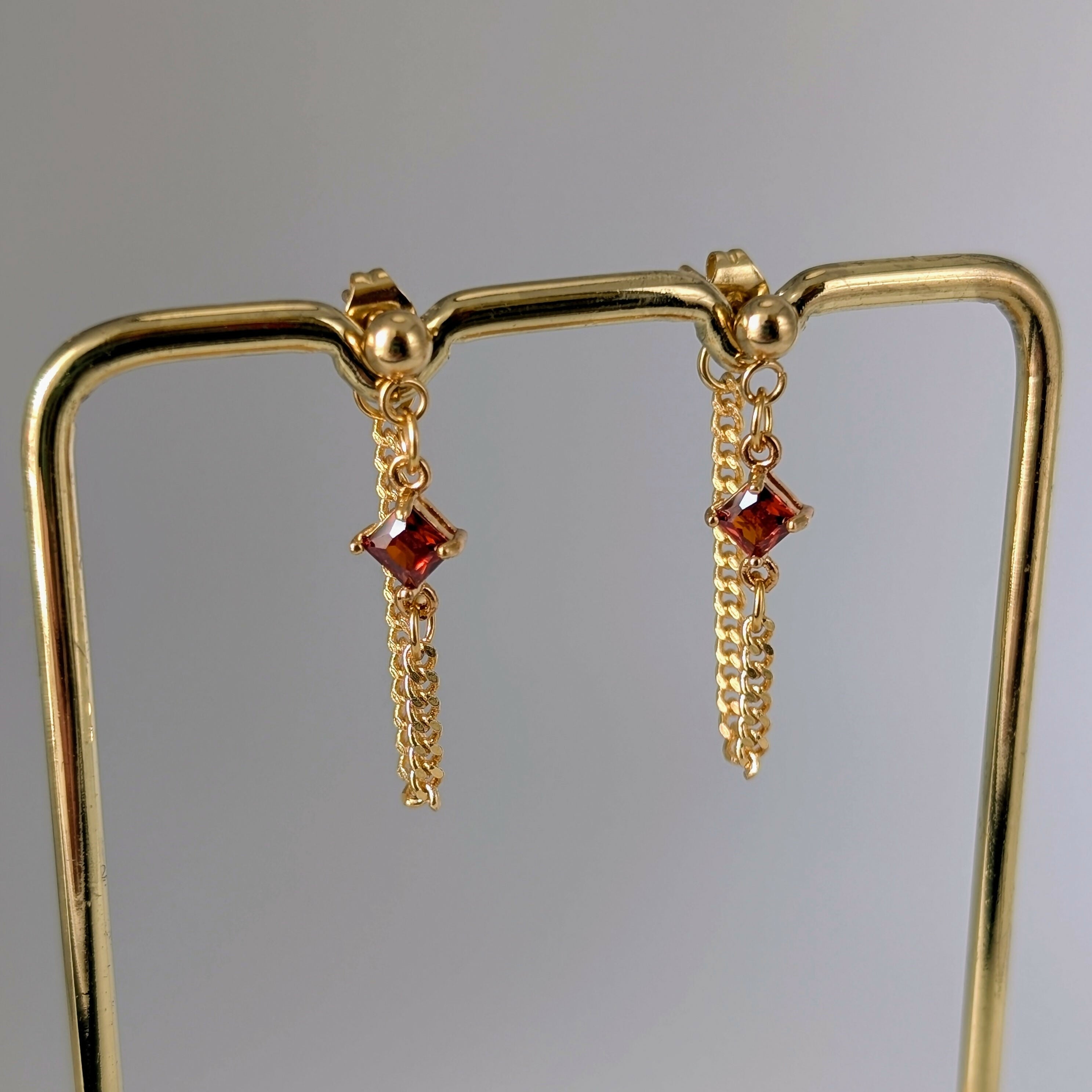 Ruby Red Zirconia Chain Earrrings on Gold Plated Ball Stud