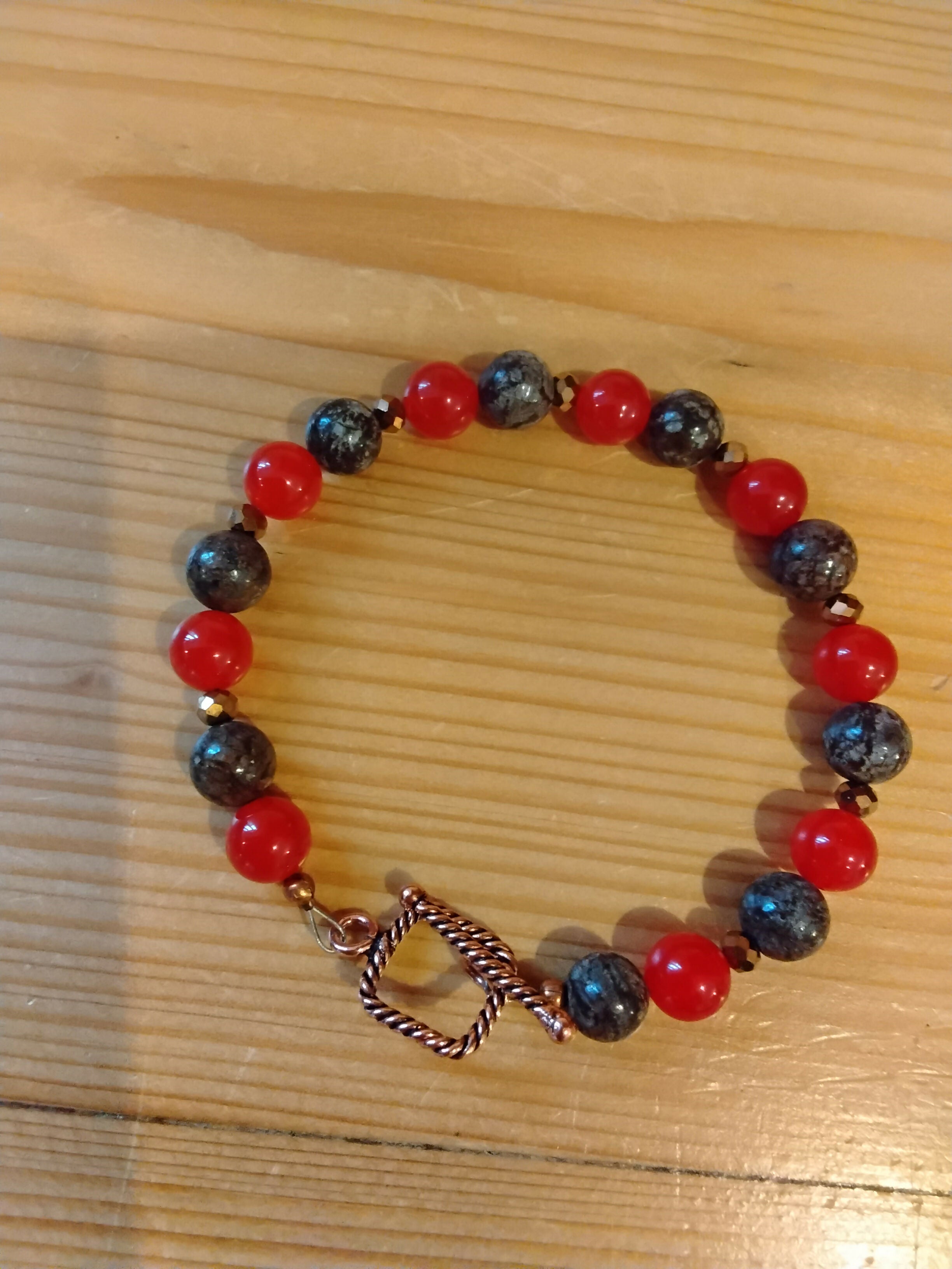Pure Copper Toggle Catch Bracelet with Coffee Snowflake Jasper, Red Chalcedony and Faceted Bronze Hematite.