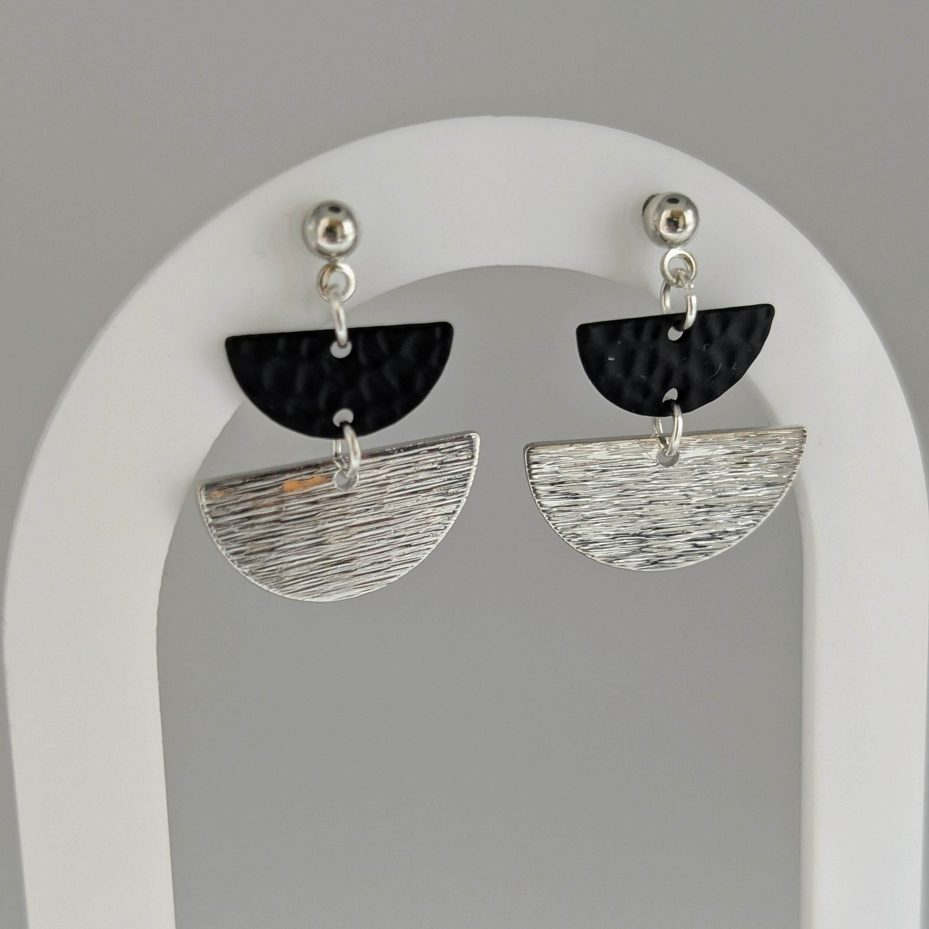 Geometric Black and Silver Half Moon Earrings on Silver Plated Ball Stud