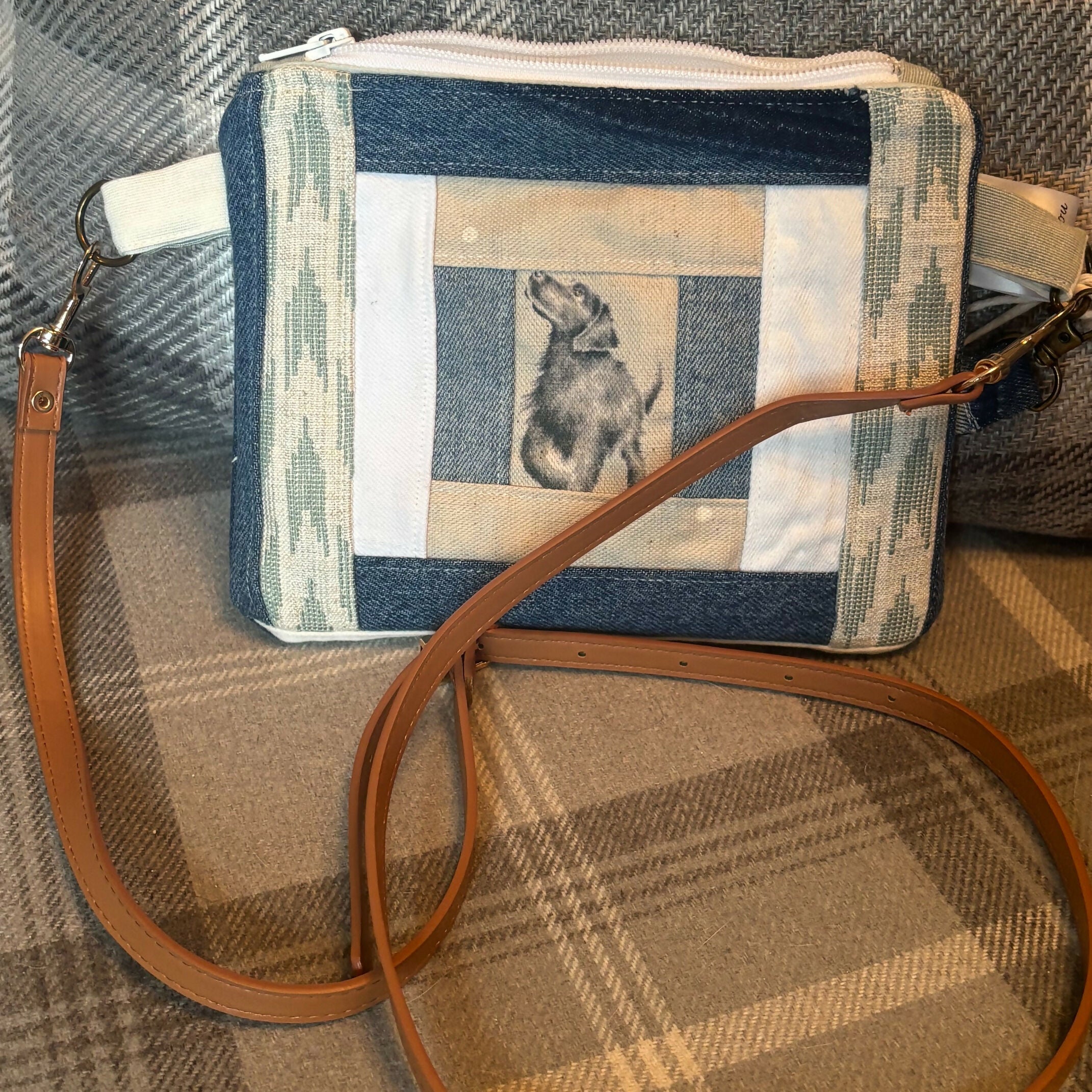 Unique Handcrafted Patchwork Purse Wristie With Crossbody Strap Made From Upcycled Jeans And Animal Print Fabric