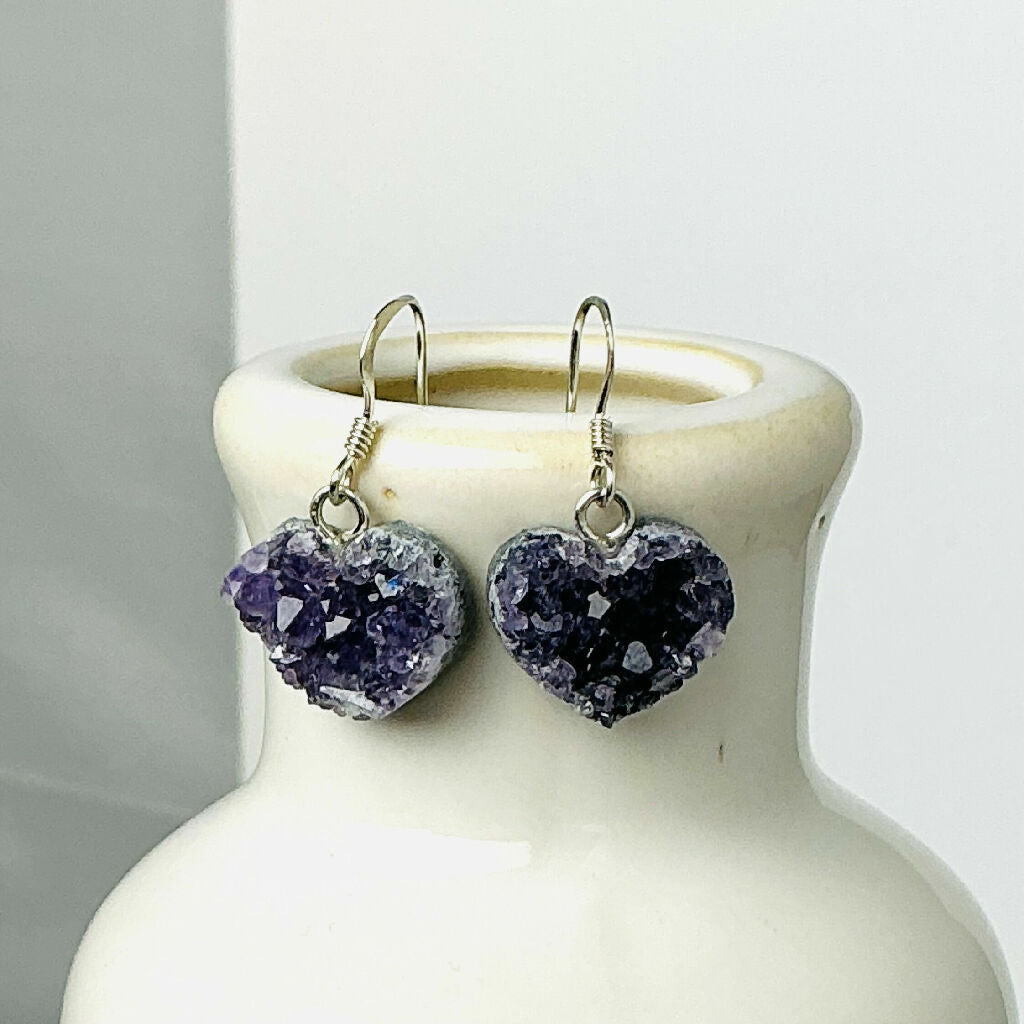 Sterling Silver and Raw Amethyst Heart Dangle Earrings
