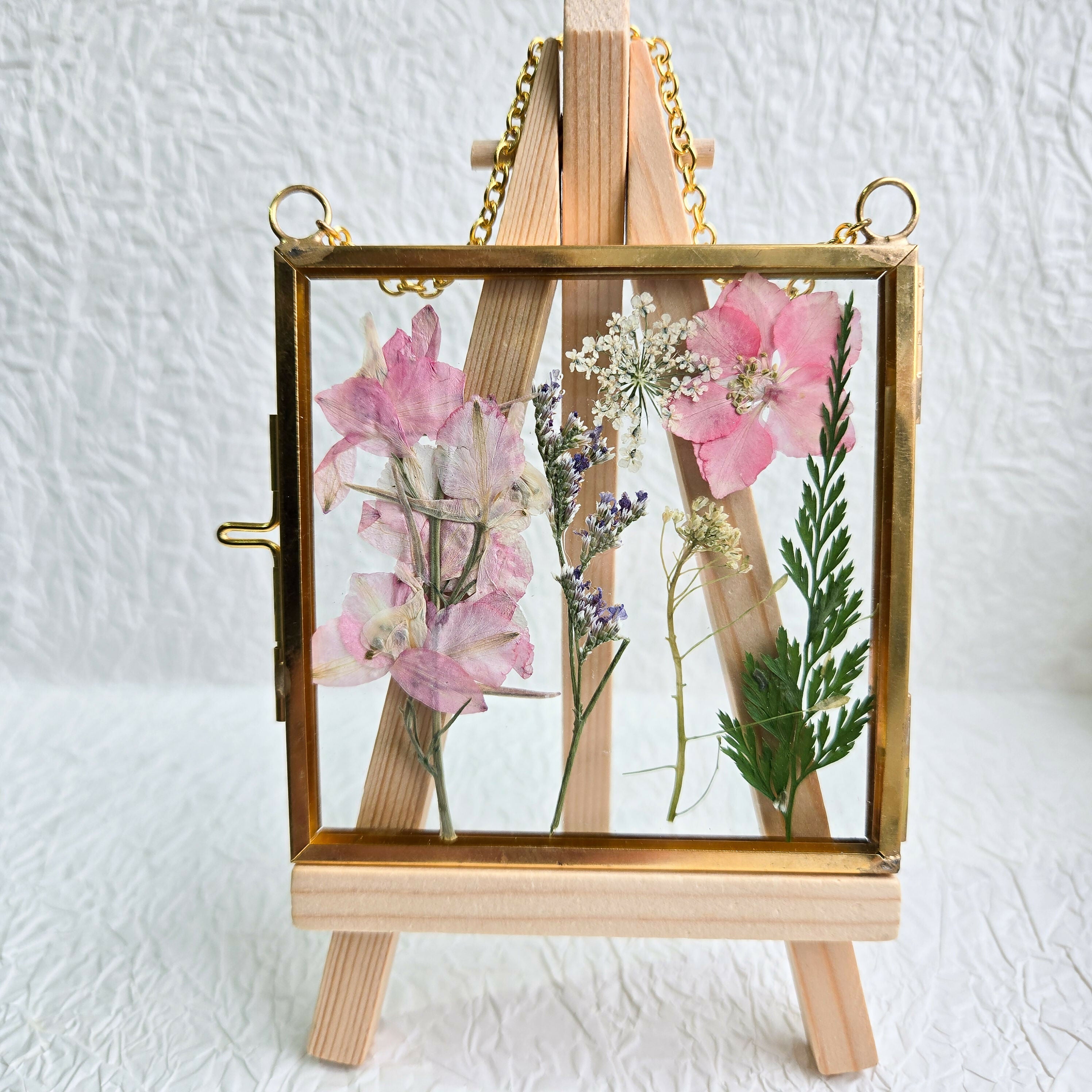 Real Flower Pressed Pink Floral Arrangement in a Gold Frame
