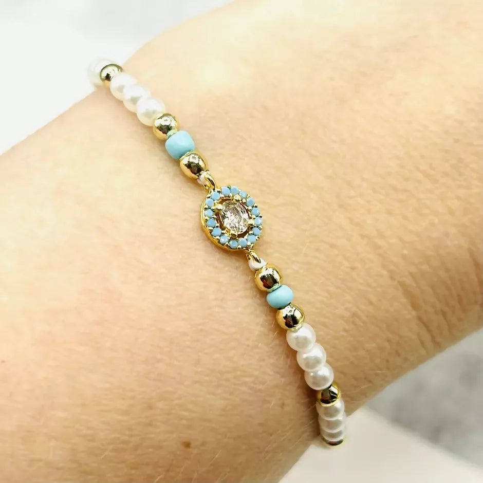 Hand-Strung Pearl Bead Adjustable Bracelet - Zirconia Mediterranean Charms