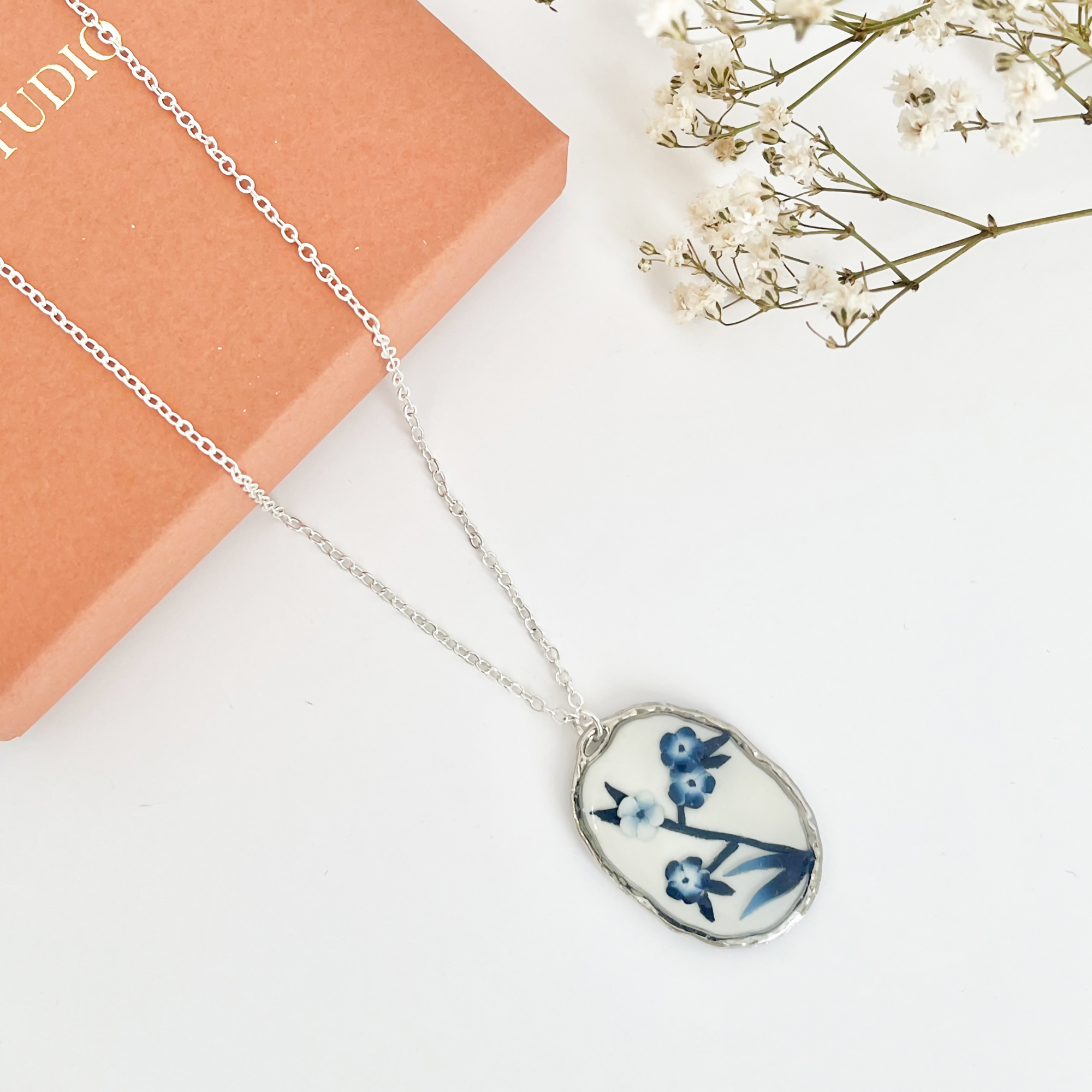 Blue China Necklace No. 3 - Handmade Polymer Clay Necklace