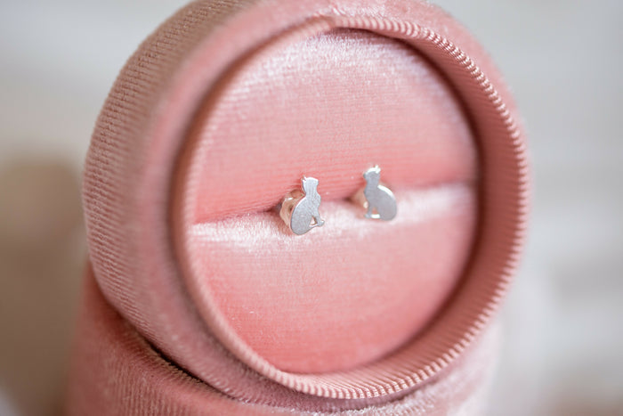 Cat Stud Earrings Sterling Silver with Velvet Box