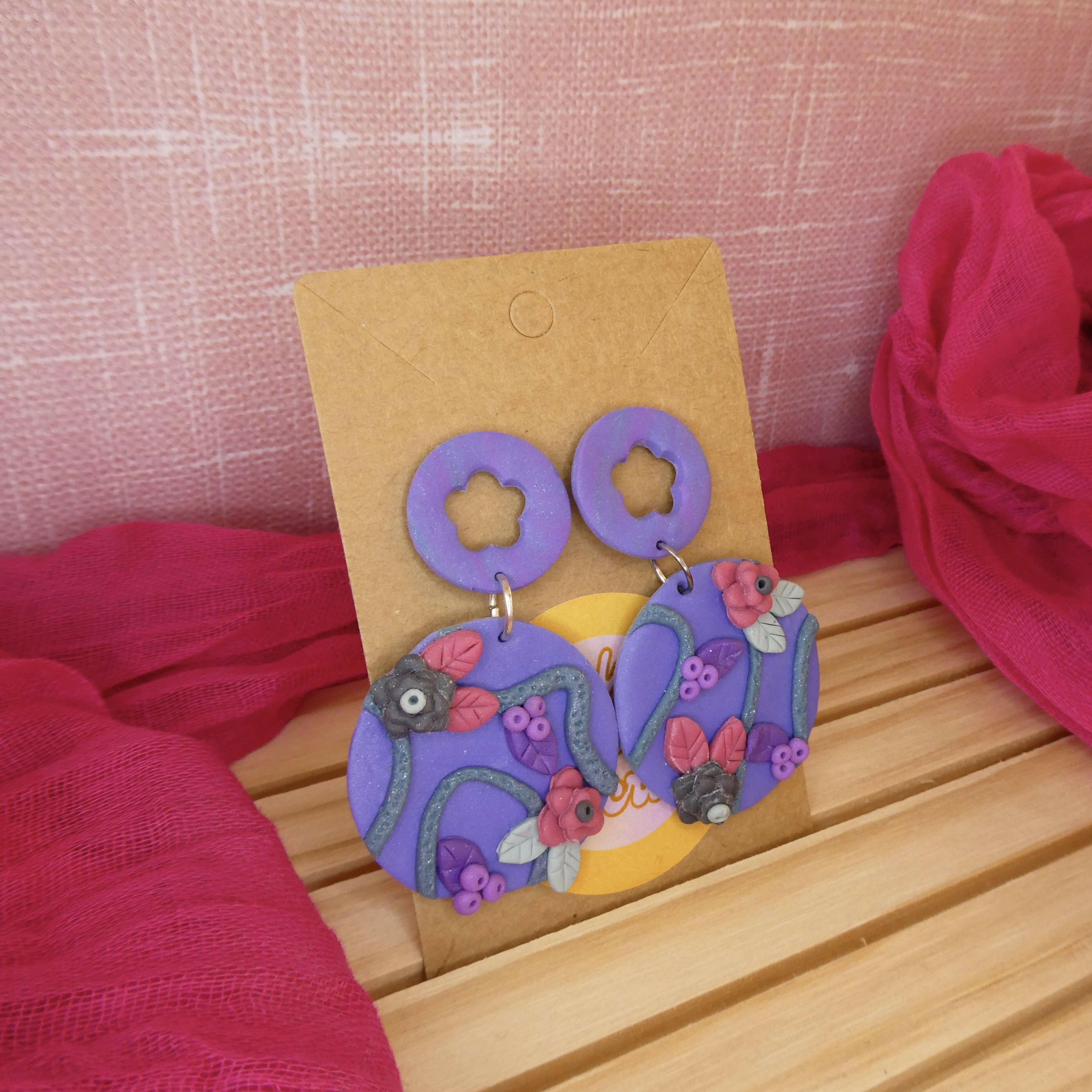 Purple Polymer Clay Earrings With 3D Floral Embellishment