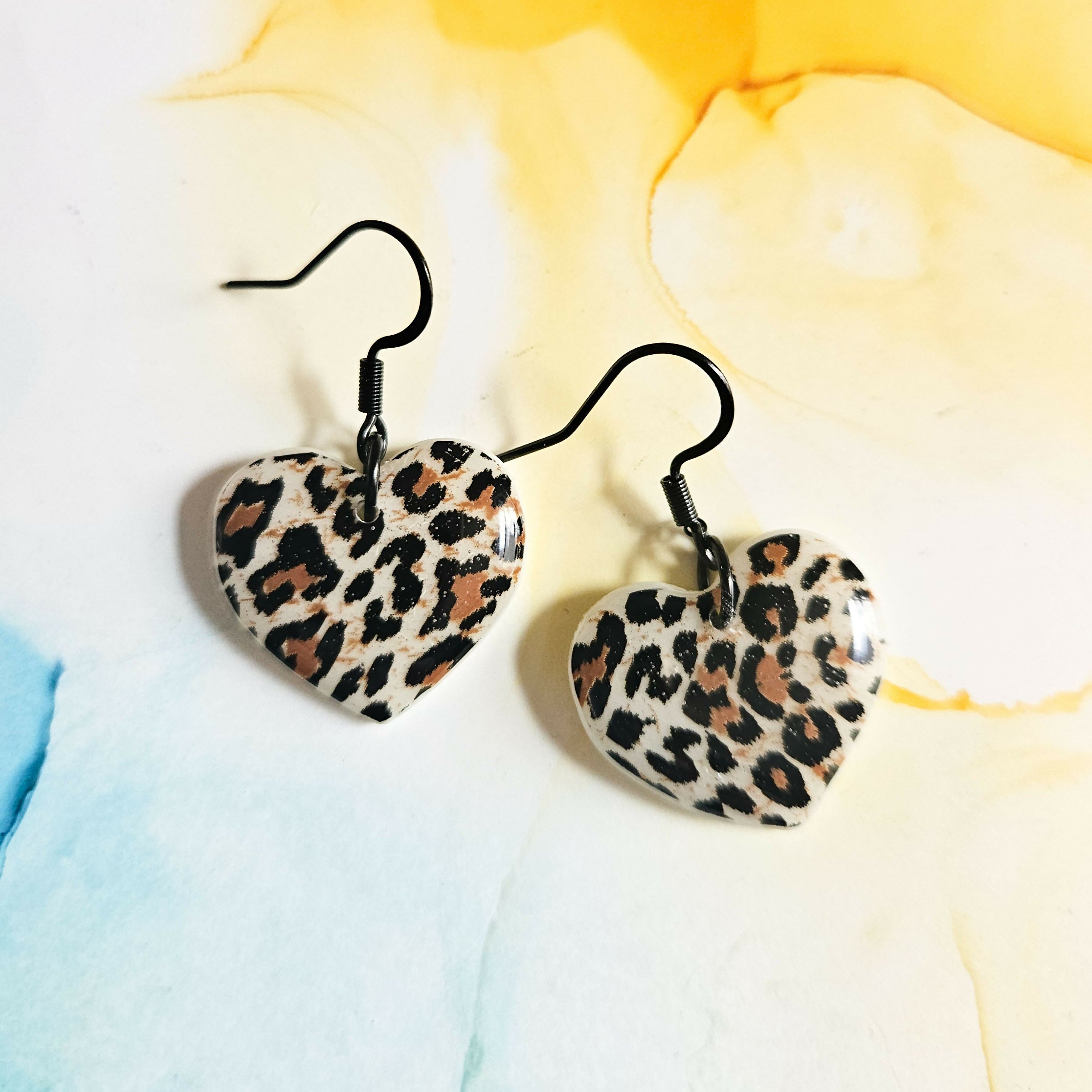 Handmade Leopard Print Hearts Resin Earrings