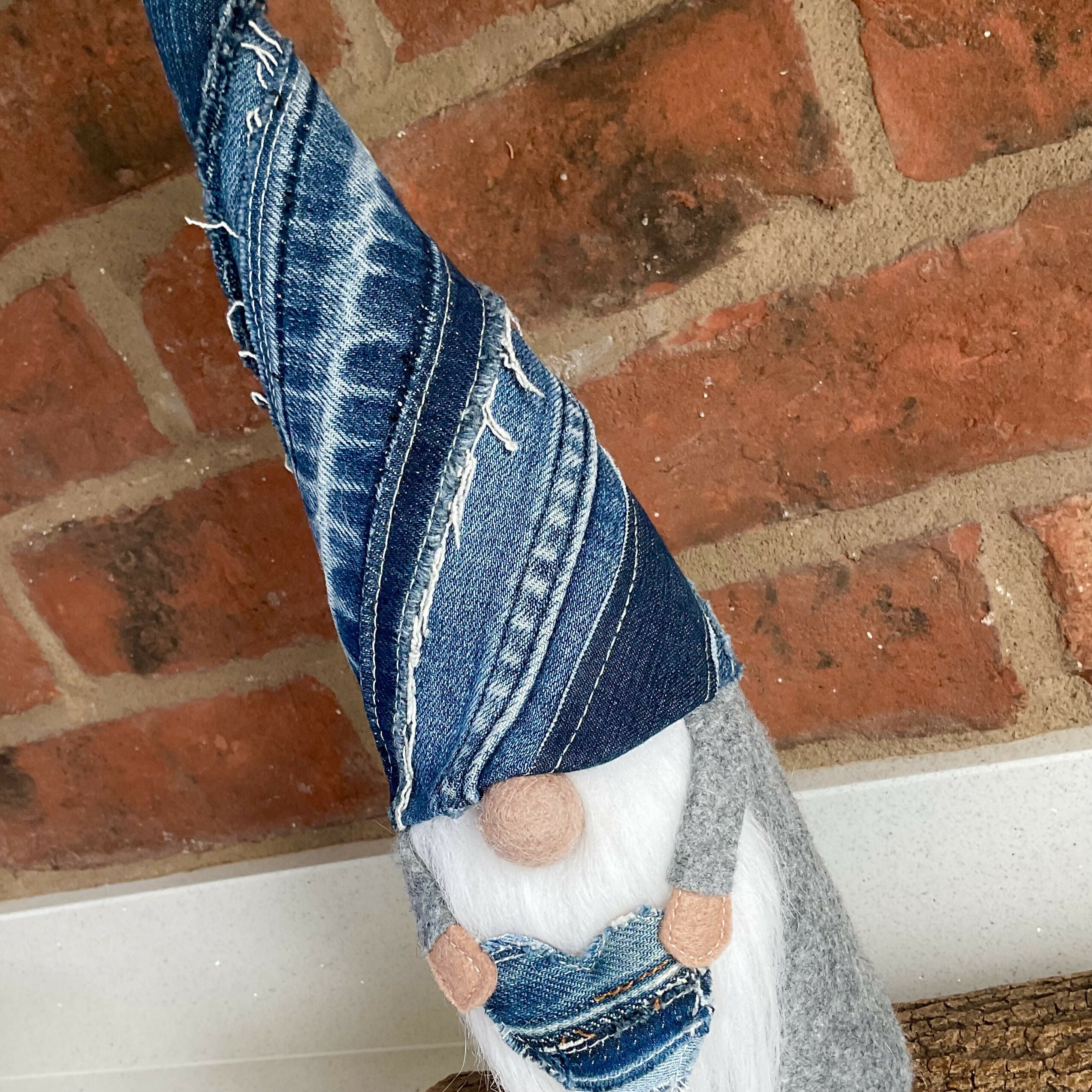Upcycled Denim Gnome Decoration, Handmade Recycled Jeans Gonk Ornament With Heart