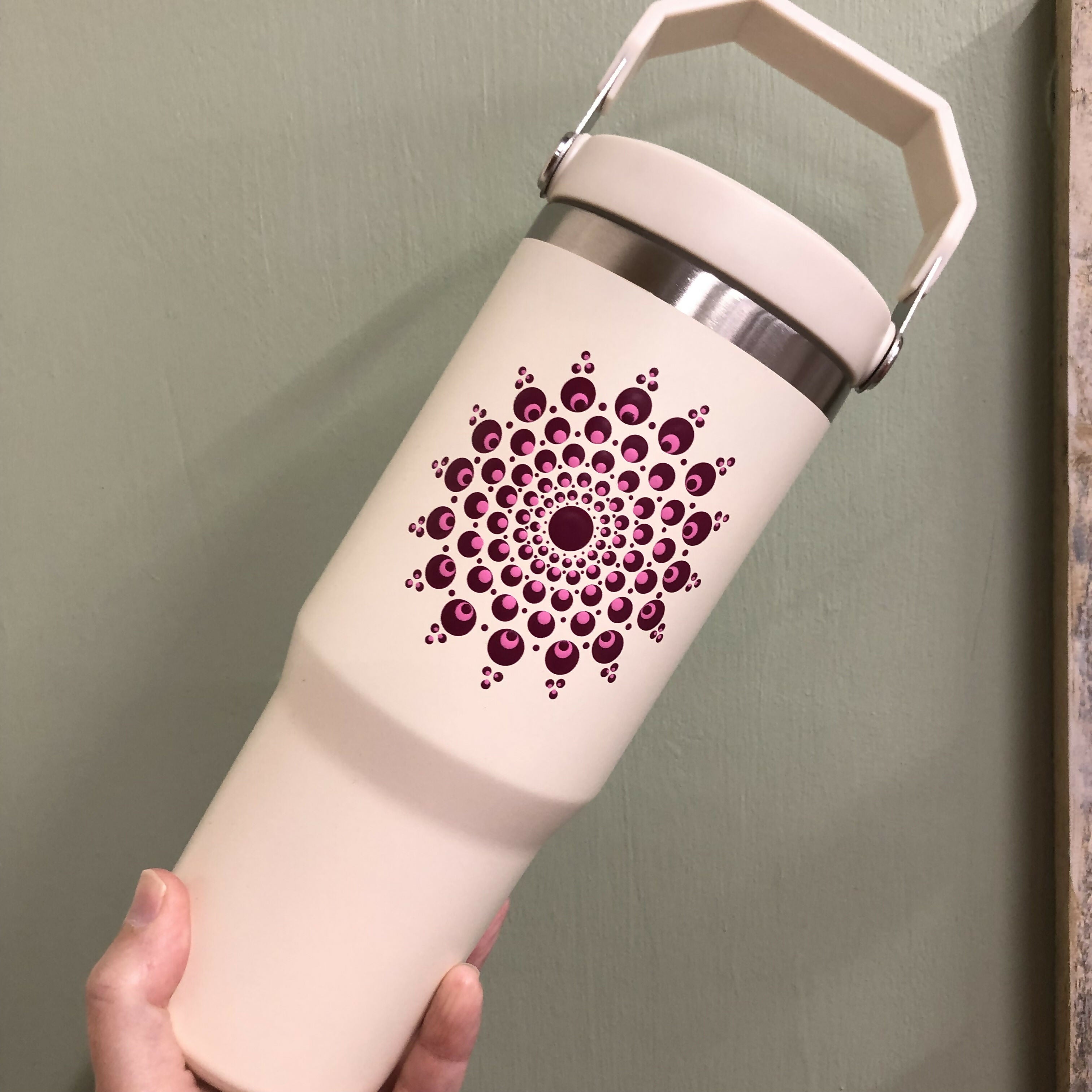 Hand Painted Dot Mandala Thermal Water Bottle with Handle: Cream with Burgundy and Pink