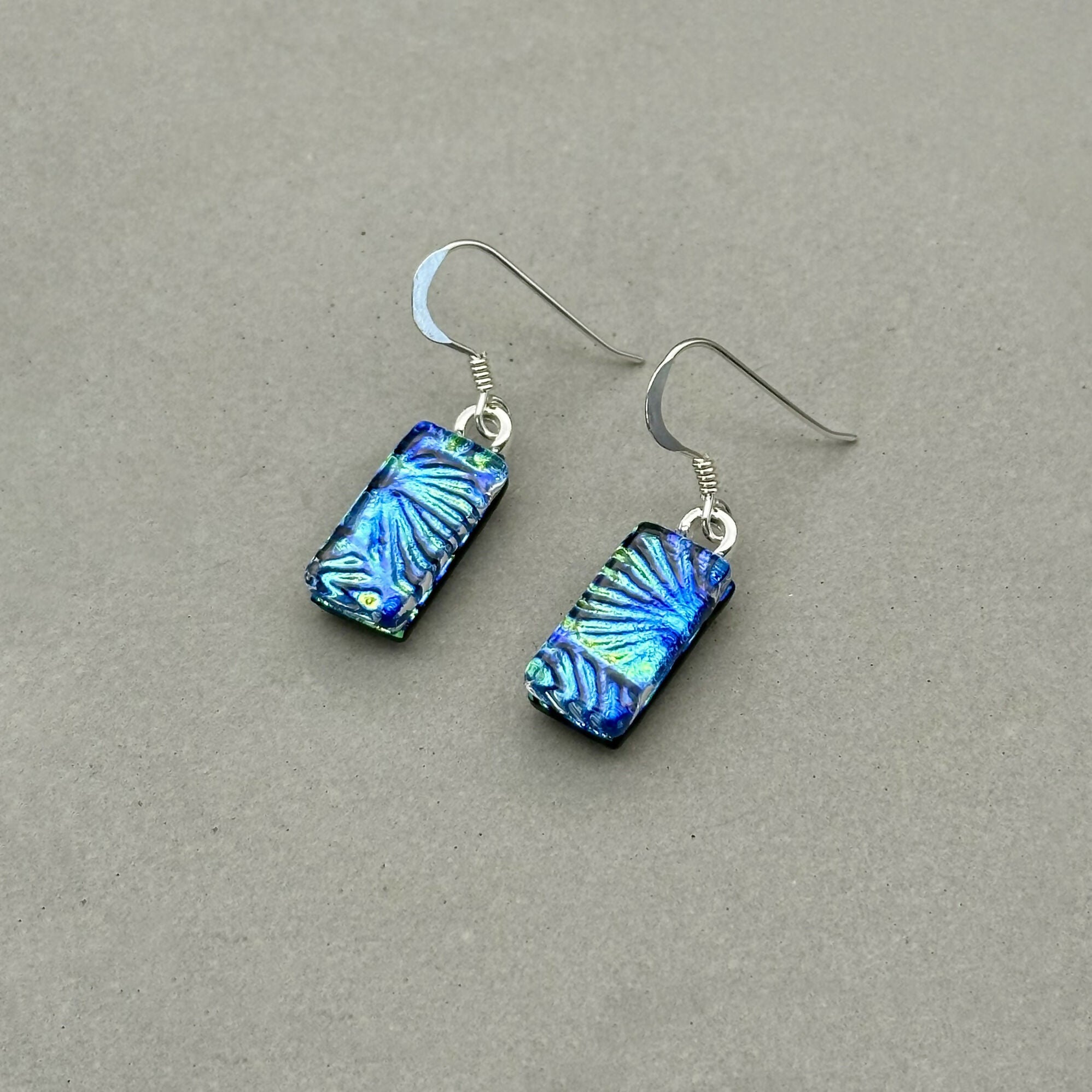 Blue & Green Flower Dichroic Fused Glass Dangle Sterling Silver Earrings - Handmade by Jade Tapson Glass.