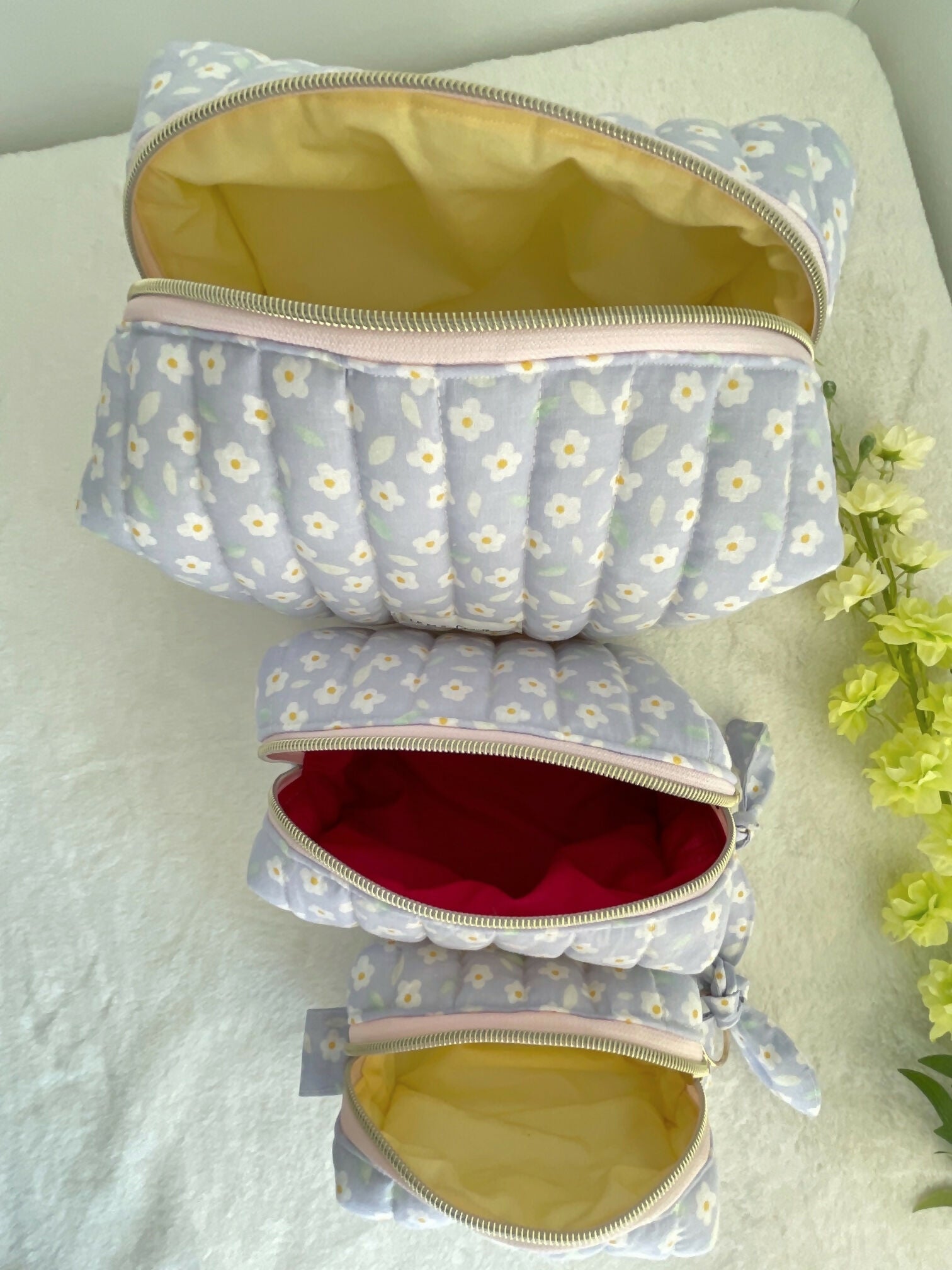 Lilac white flower print Quilted Toiletry Bag
