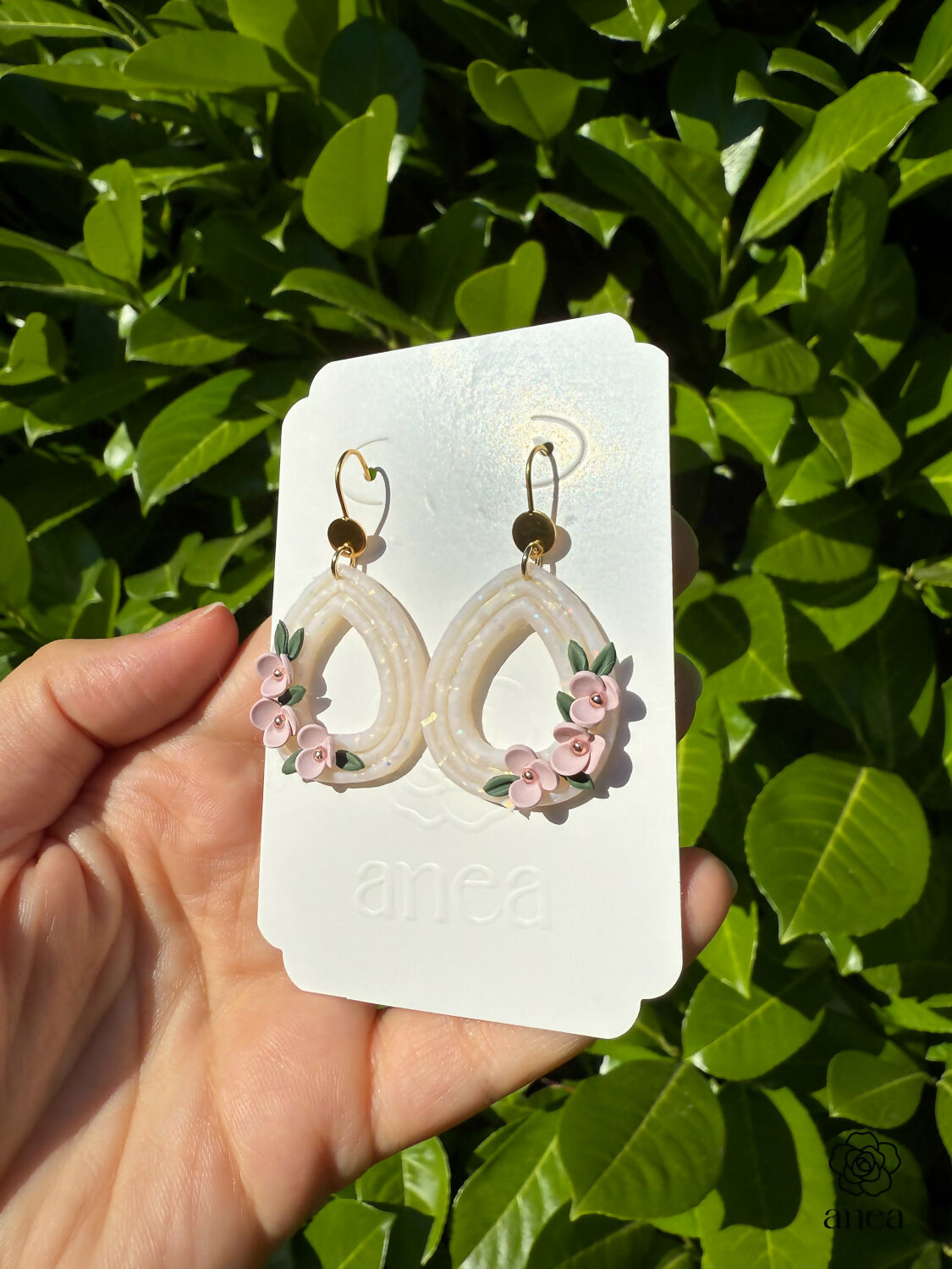 Opal Shimmer Teardrop Hoop Earrings with Floral Detail in Blush Pink