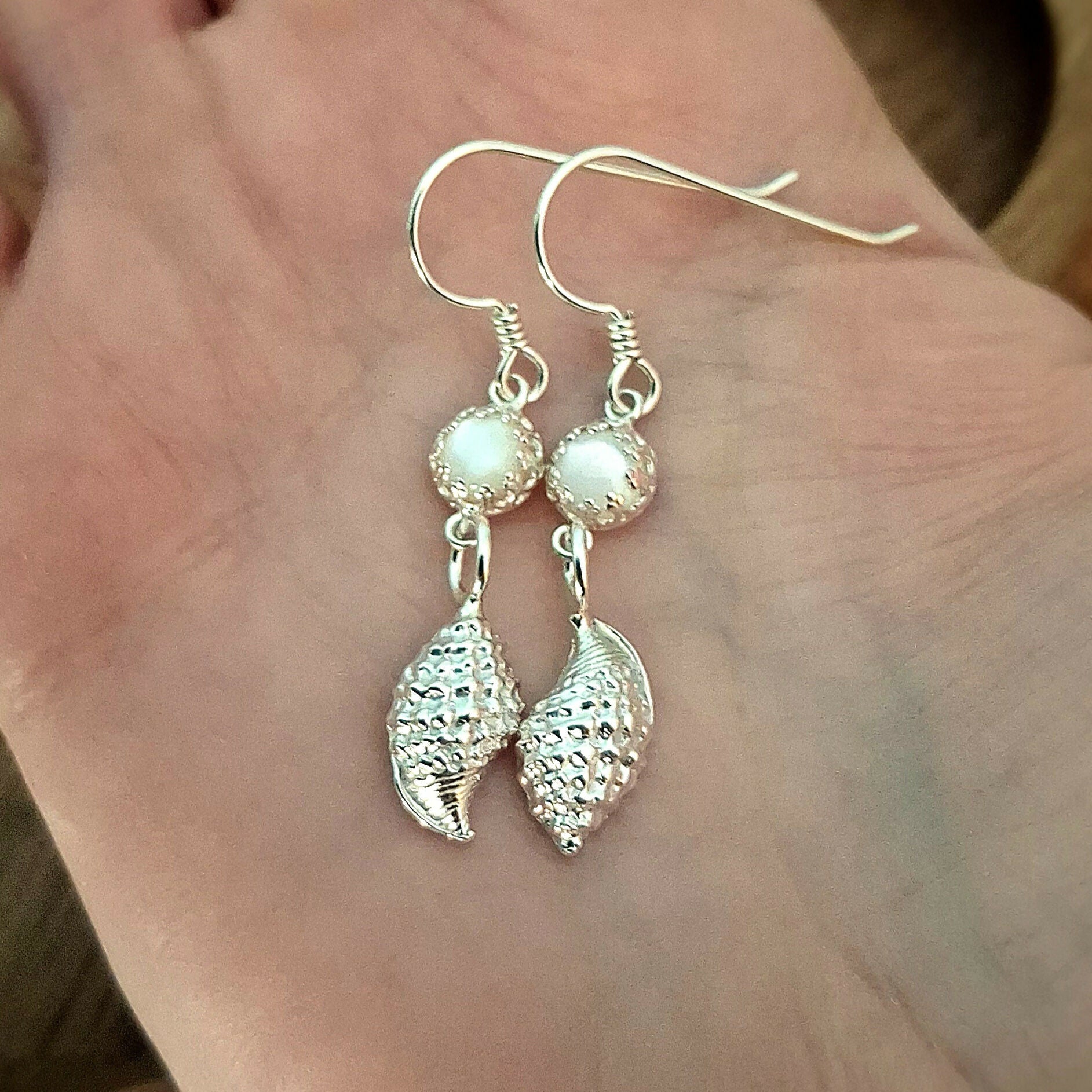Handmade Textured Silver Shell Earrings With Mother of Pearl
