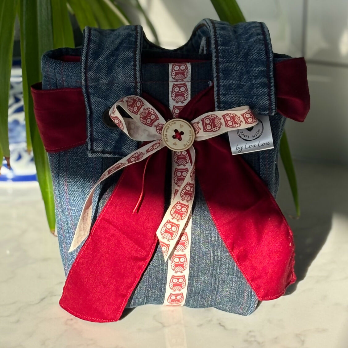 Unique Handcrafted Cute Denim Tote Bag Handbag Made From Upcycled Jeans With Flower Decoration