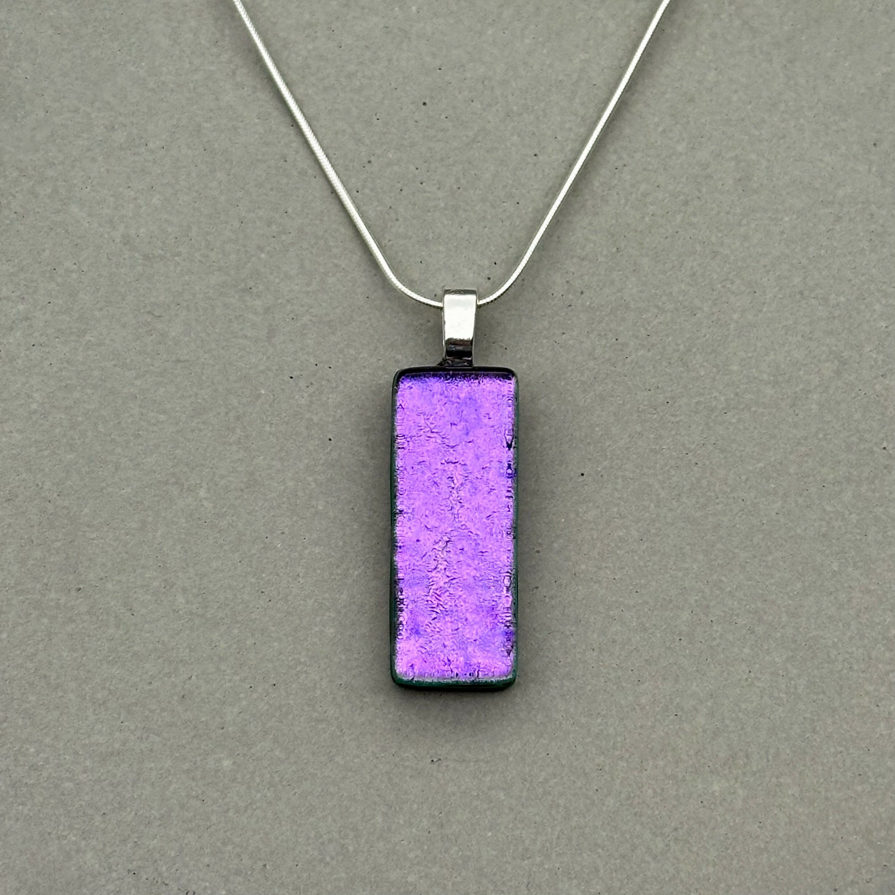 Purple Dichroic Fused Glass Pendant with Silver Plated Chain - Handmade by Jade Tapson Glass.