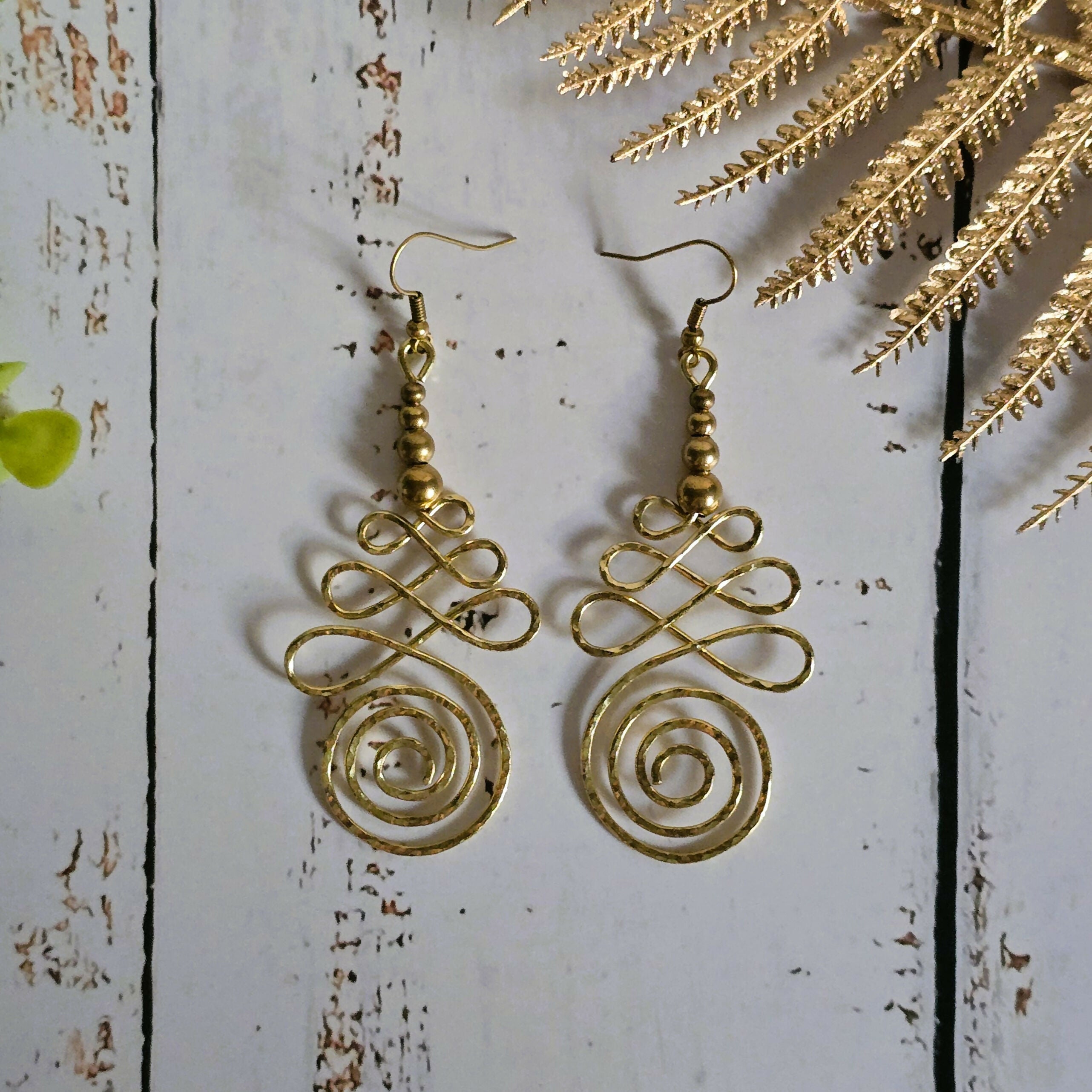 Gold Unalome Earrings; Hand Sculpted Brass Wire Spiral Buddhist Boho Thai Earrings