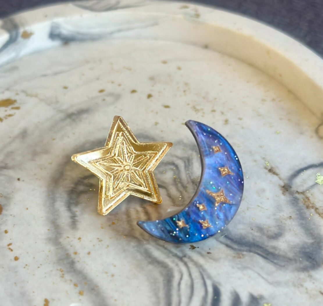 Celestial, Engraved Moon And Star Stud Earrings