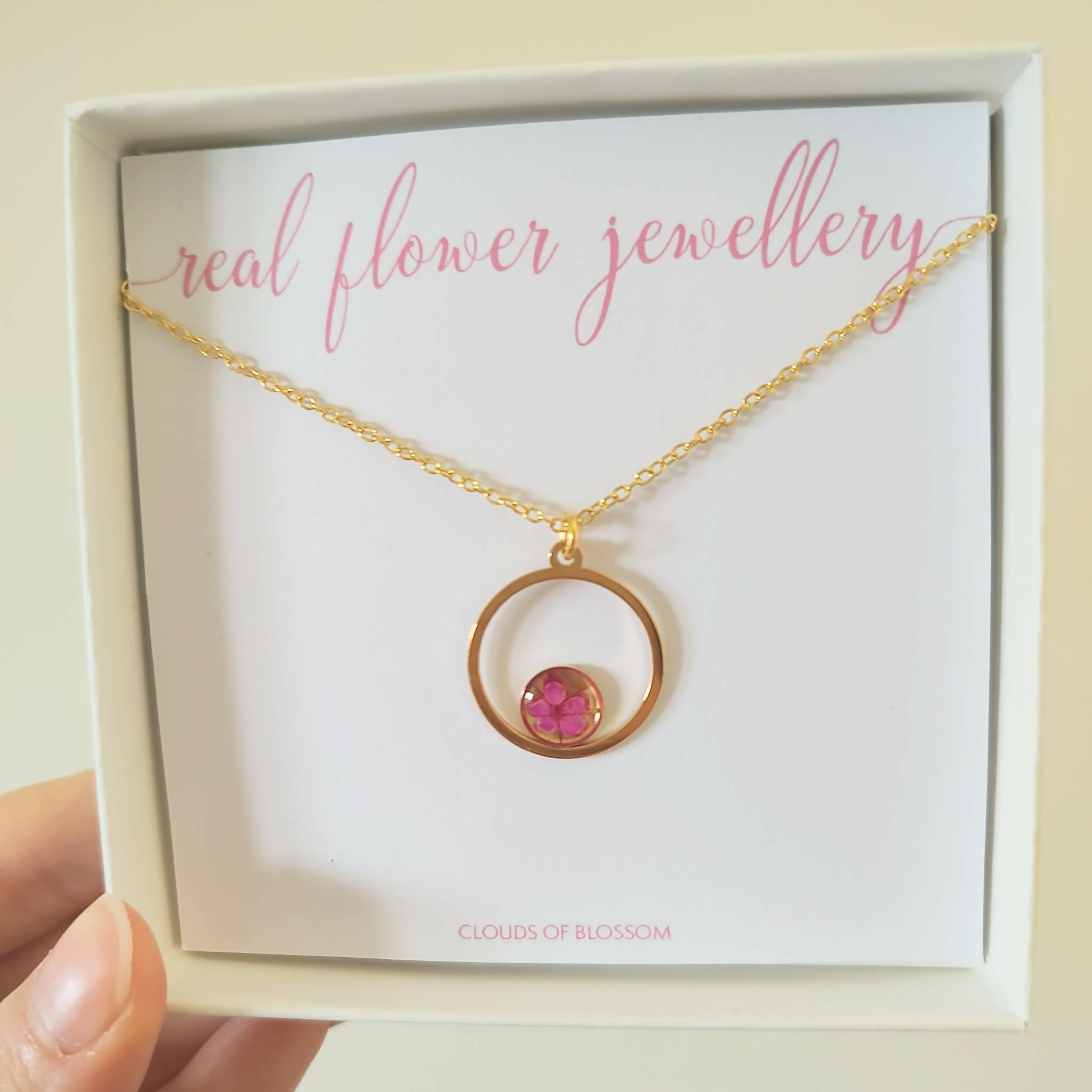Pink Real Flower Mirrored Circle Necklace Gold Plated