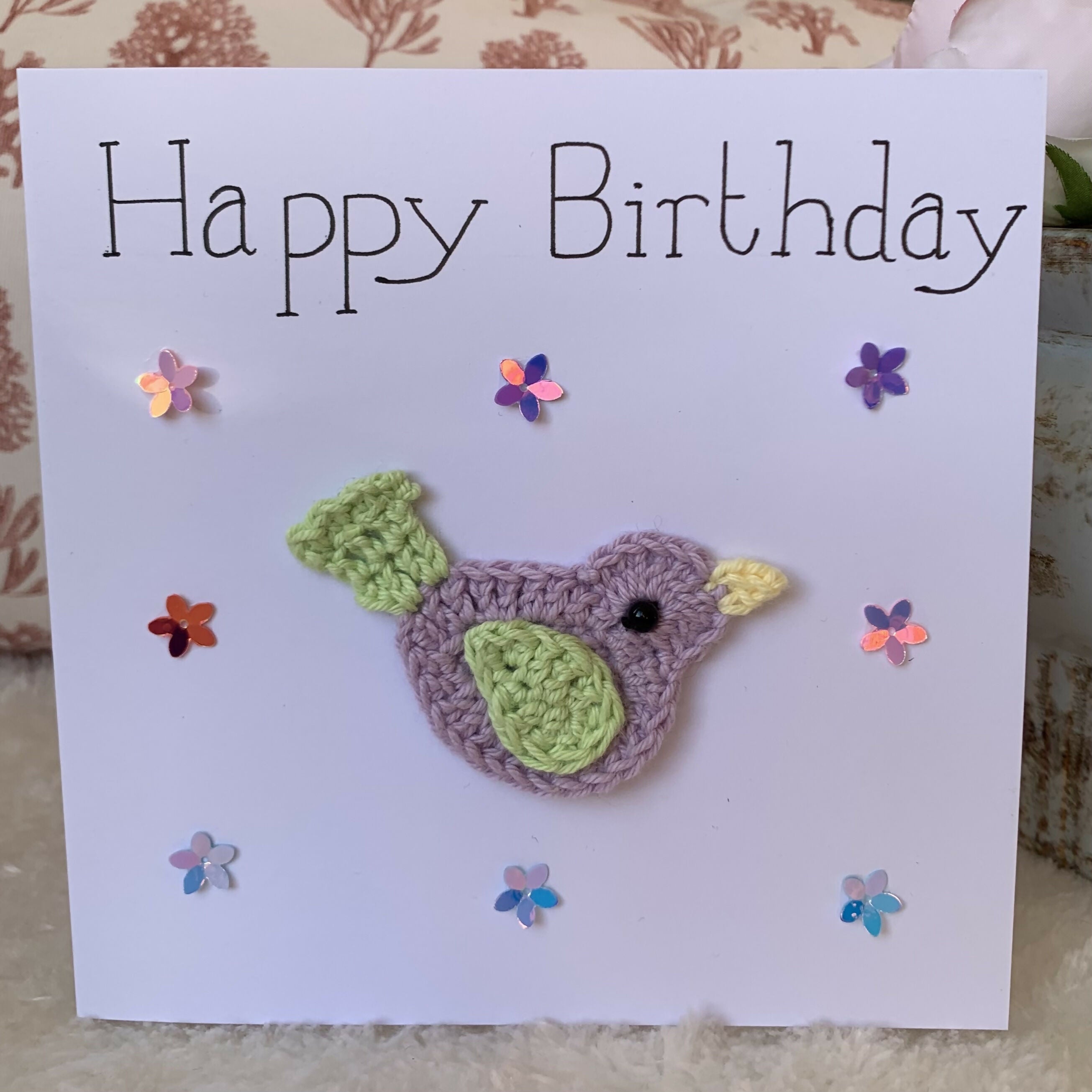 Happy Birthday Card with Crocheted Bird.
