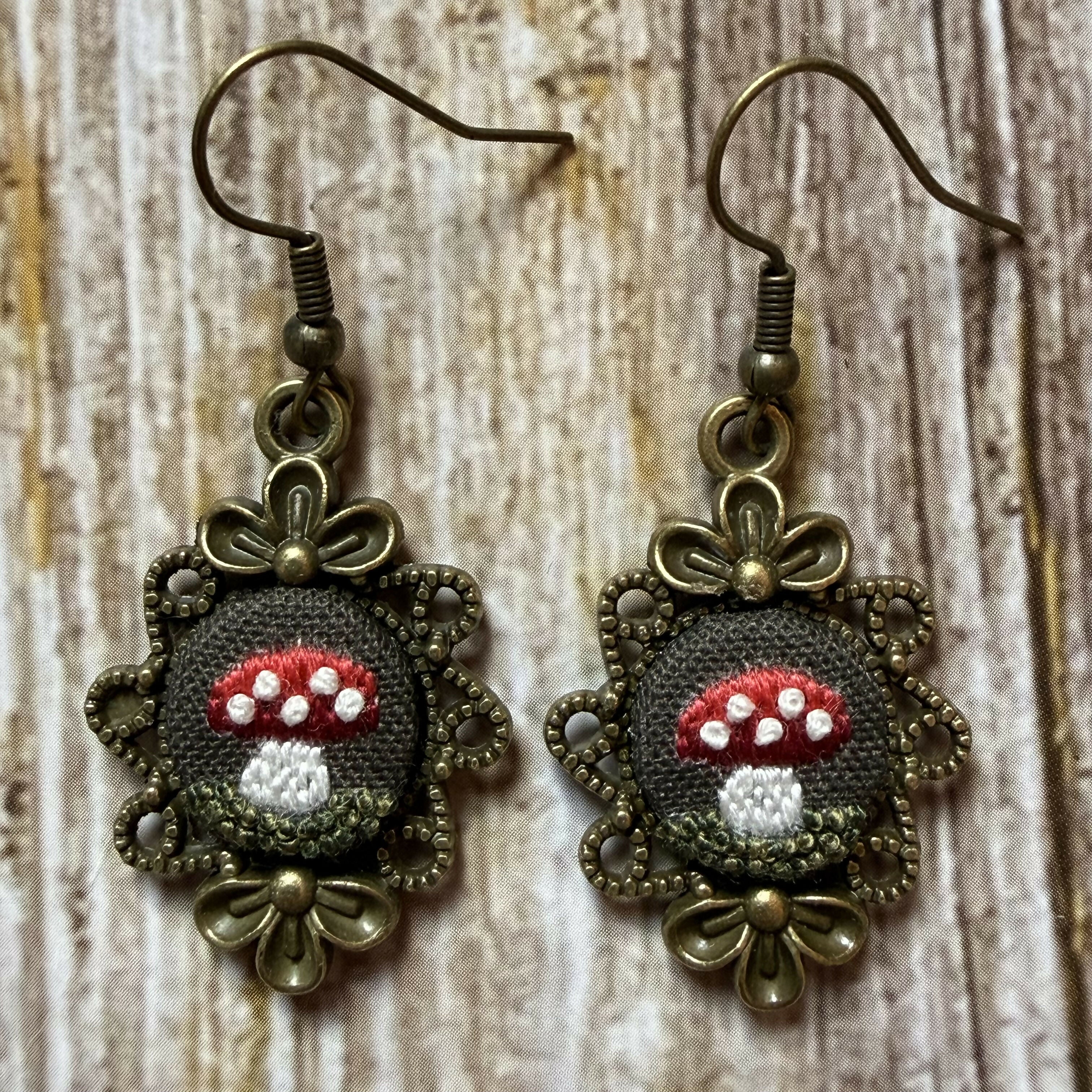 Hand Embroidered Vintage Style Mushroom Earrings