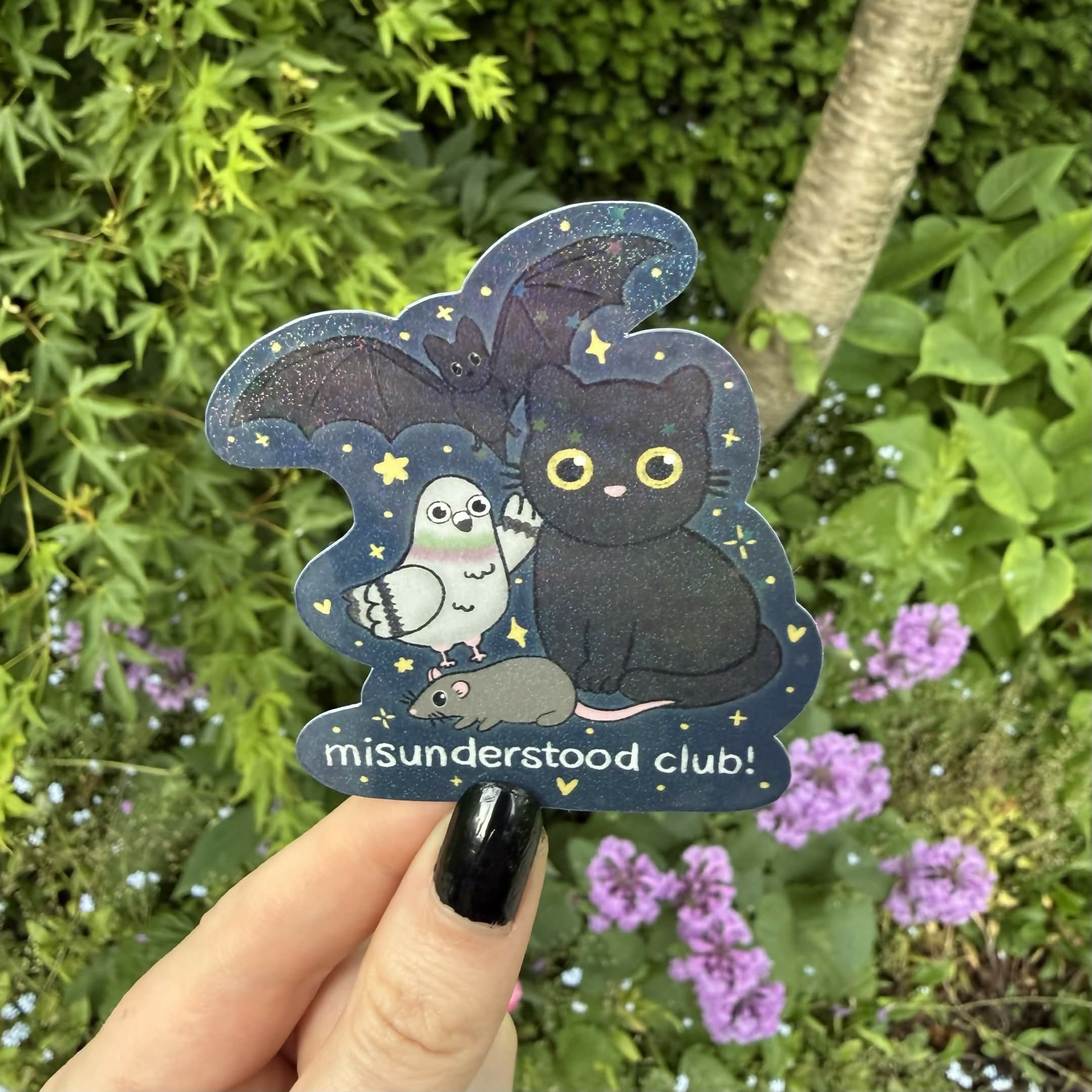 Misunderstood Club Black Cat, Pigeon, Rat, and Bat Holographic Vinyl Die Cut Sticker