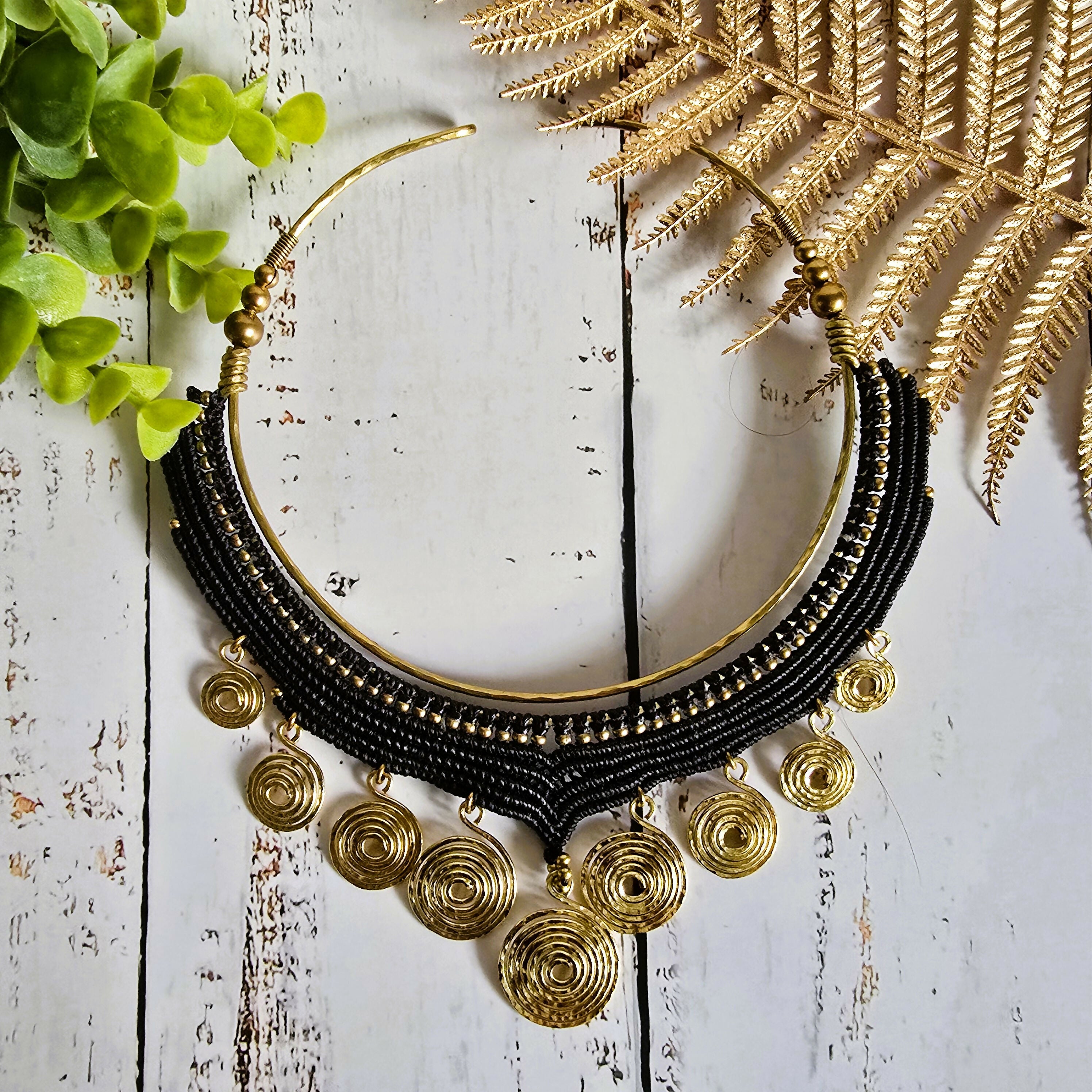 Black Macrame & Gold Brass Wire Spiral Choker; Egyptian Queen Tribal Statement Thai Jewellery