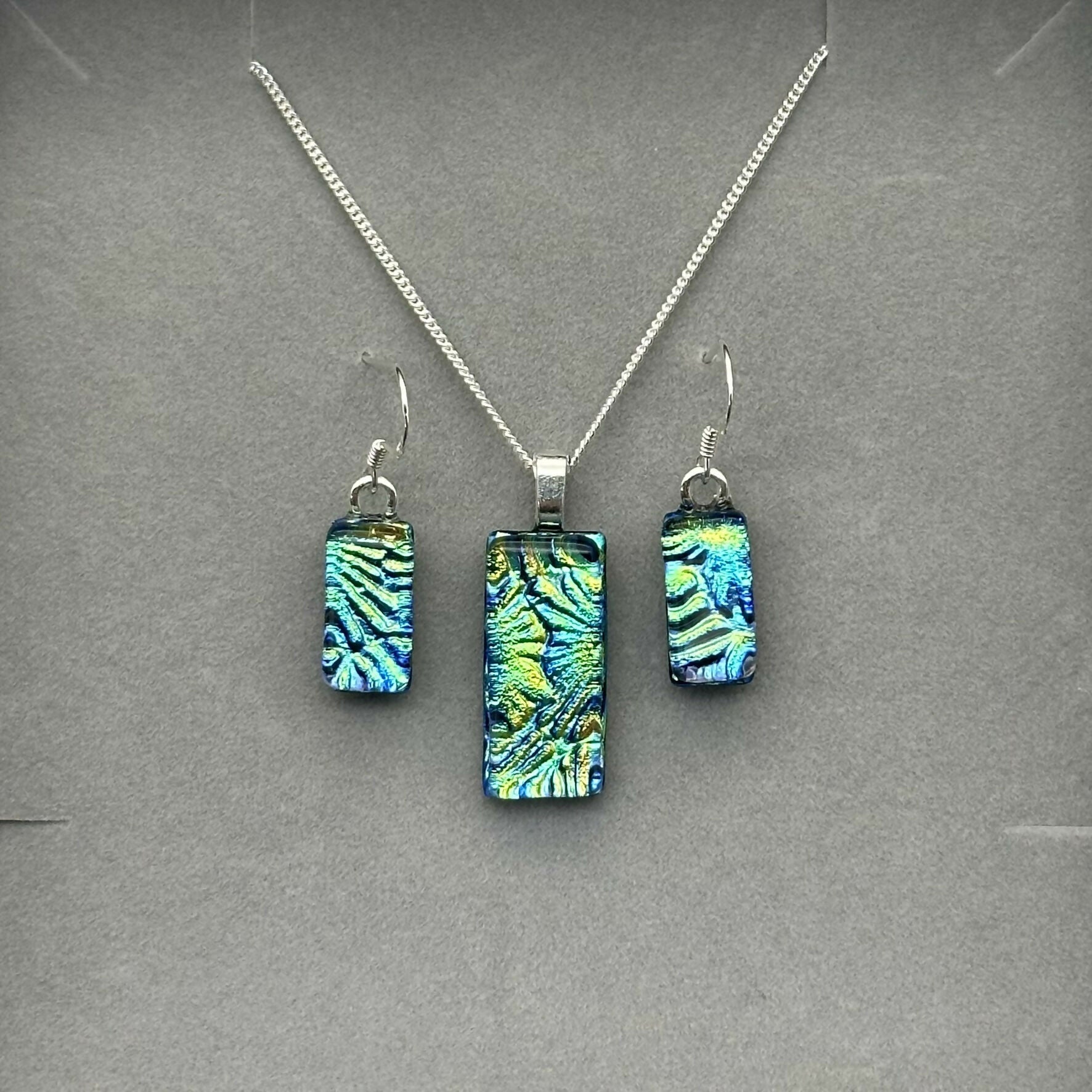 Blue & Green Flower Dichroic Glass Necklace and Earrings Set - Sterling Silver, Handmade by Jade Tapson Glass.