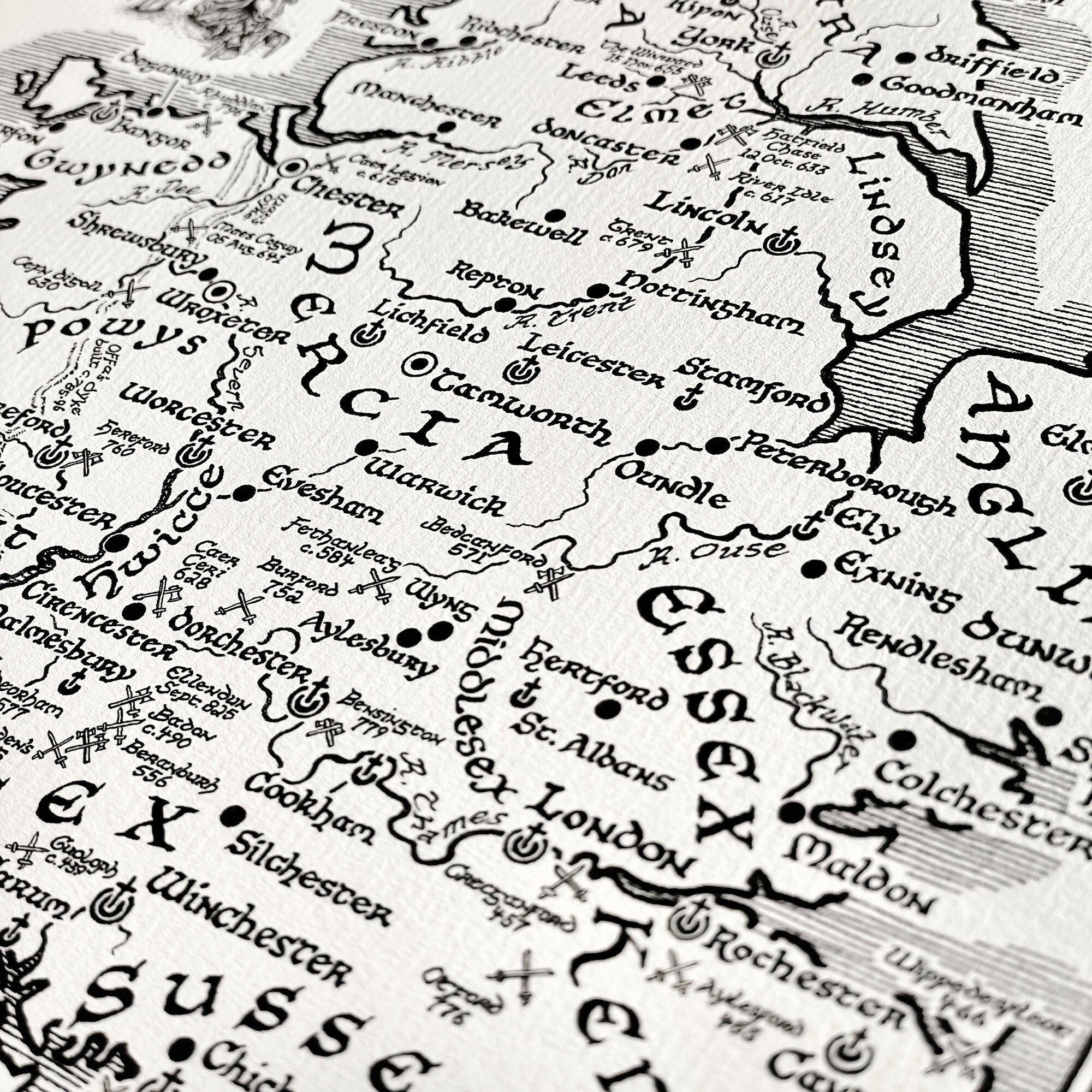 Anglo Saxon Britain Map Hand Drawn Fine Art Print