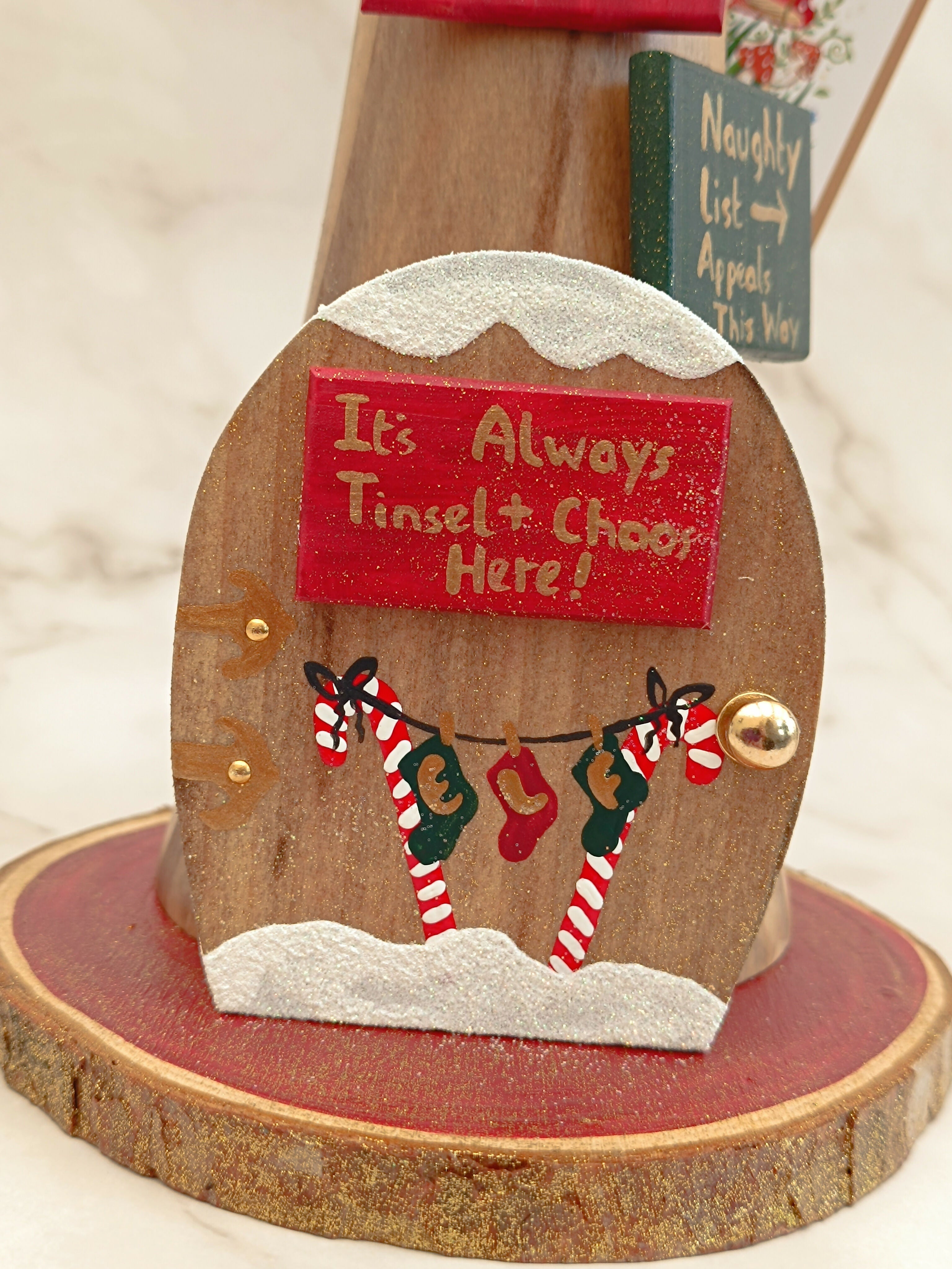 30cm Red Handmade, Free Standing Painted Wooden Bell Shaped Topped Toadstool Elf House With Double Snow - Whimsical Woodland Ornament & Holiday Keepsake