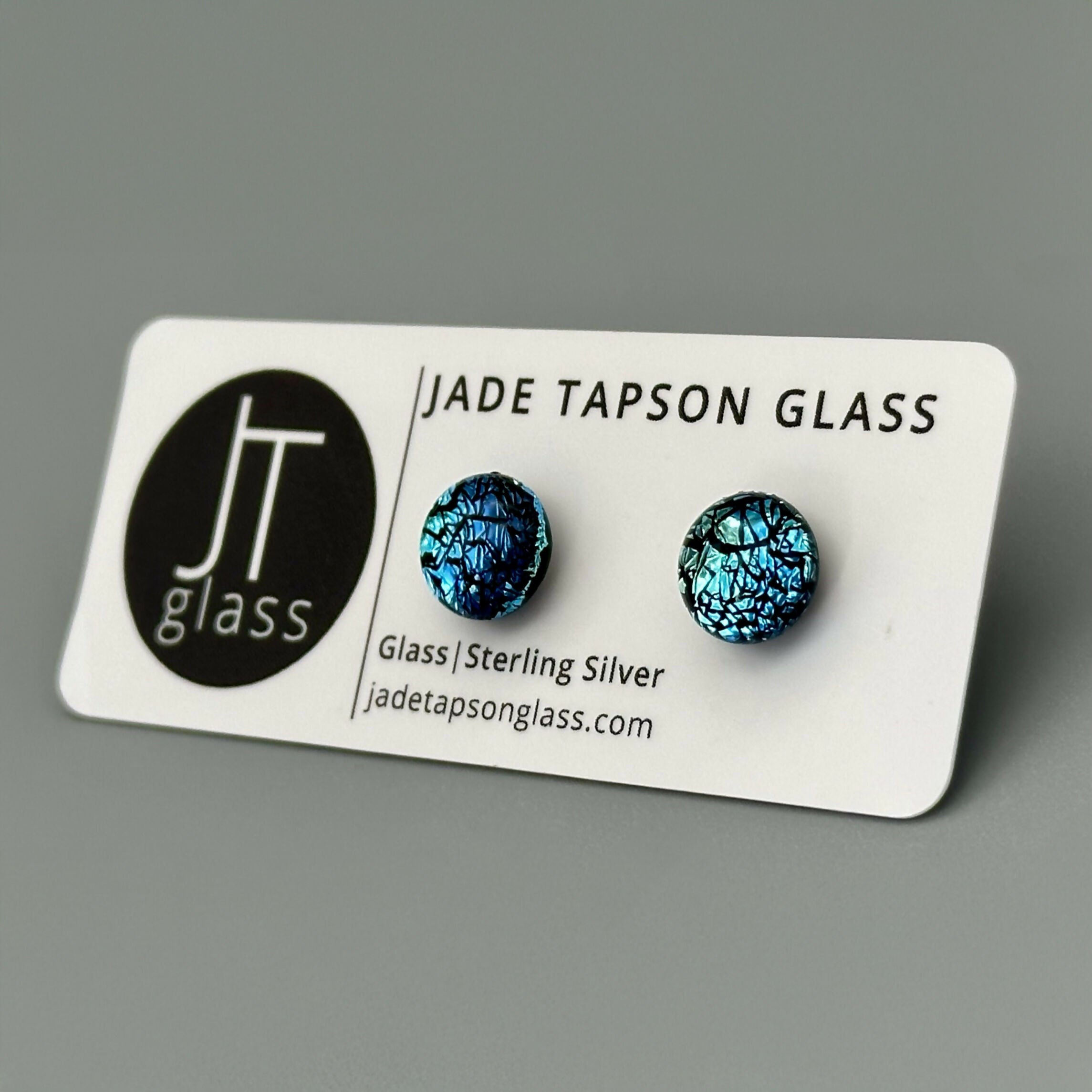 Ice Blue Dichroic Fused Glass Sterling Silver Stud Earrings - Handmade by Jade Tapson Glass.