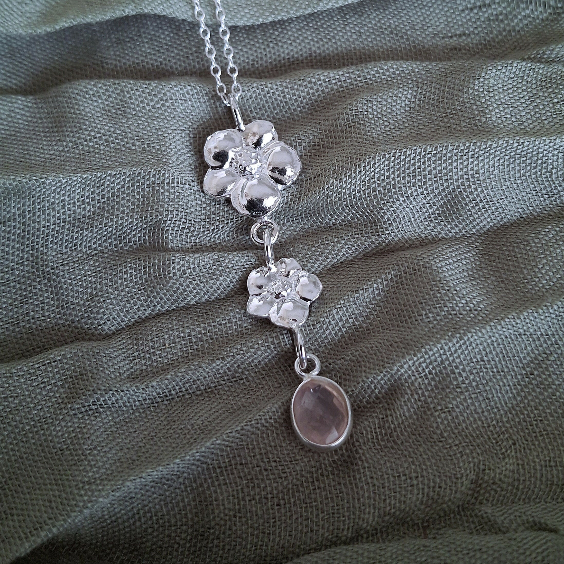 Handmade Hibiscus Necklace With Rose Quartz