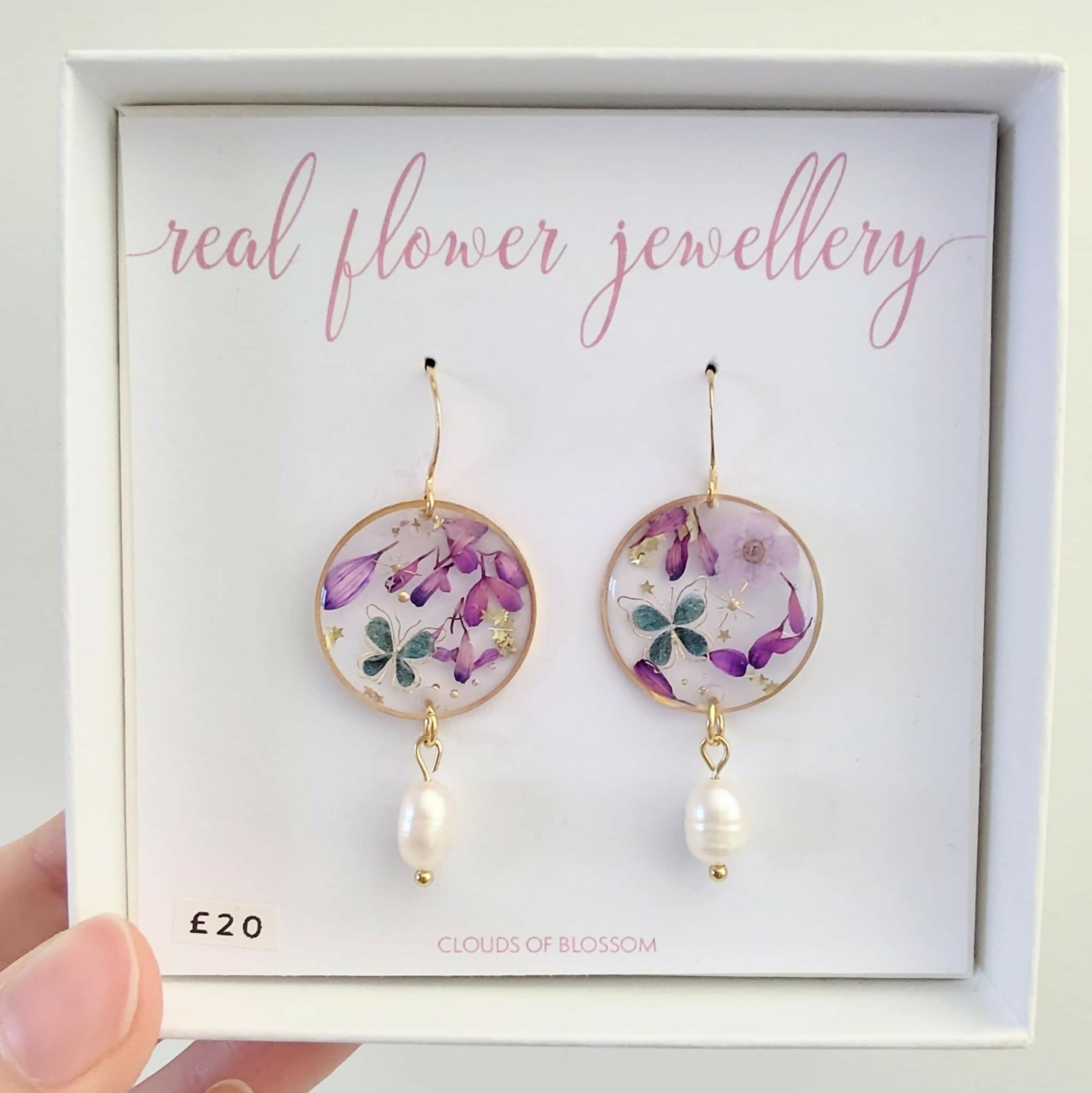 Pressed Flower Purple Butterfly Freshwater Pearl Earrings Gold Plated