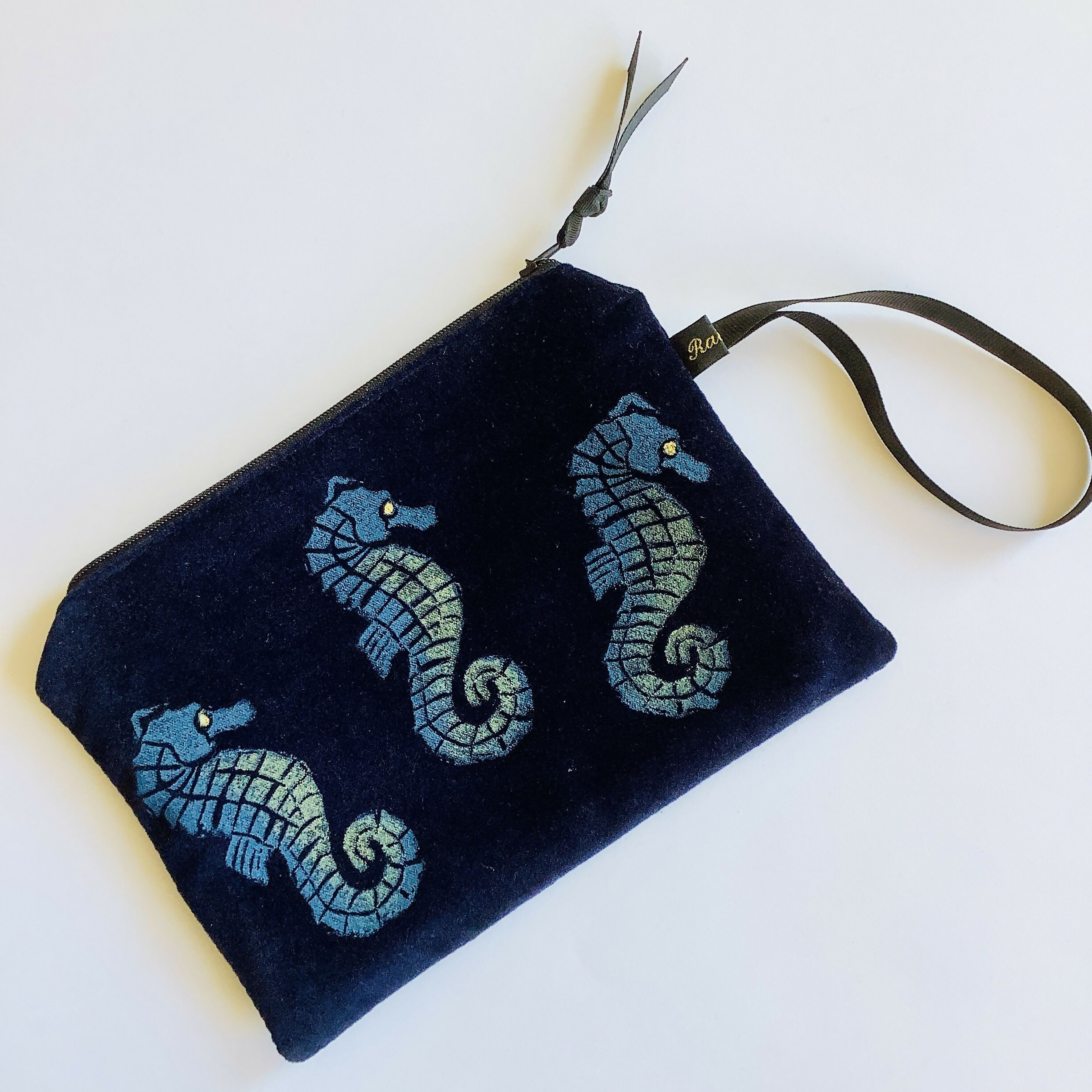 Midnight Blue Seahorses Velvet Zip-Up Pouch With Wrist Strap