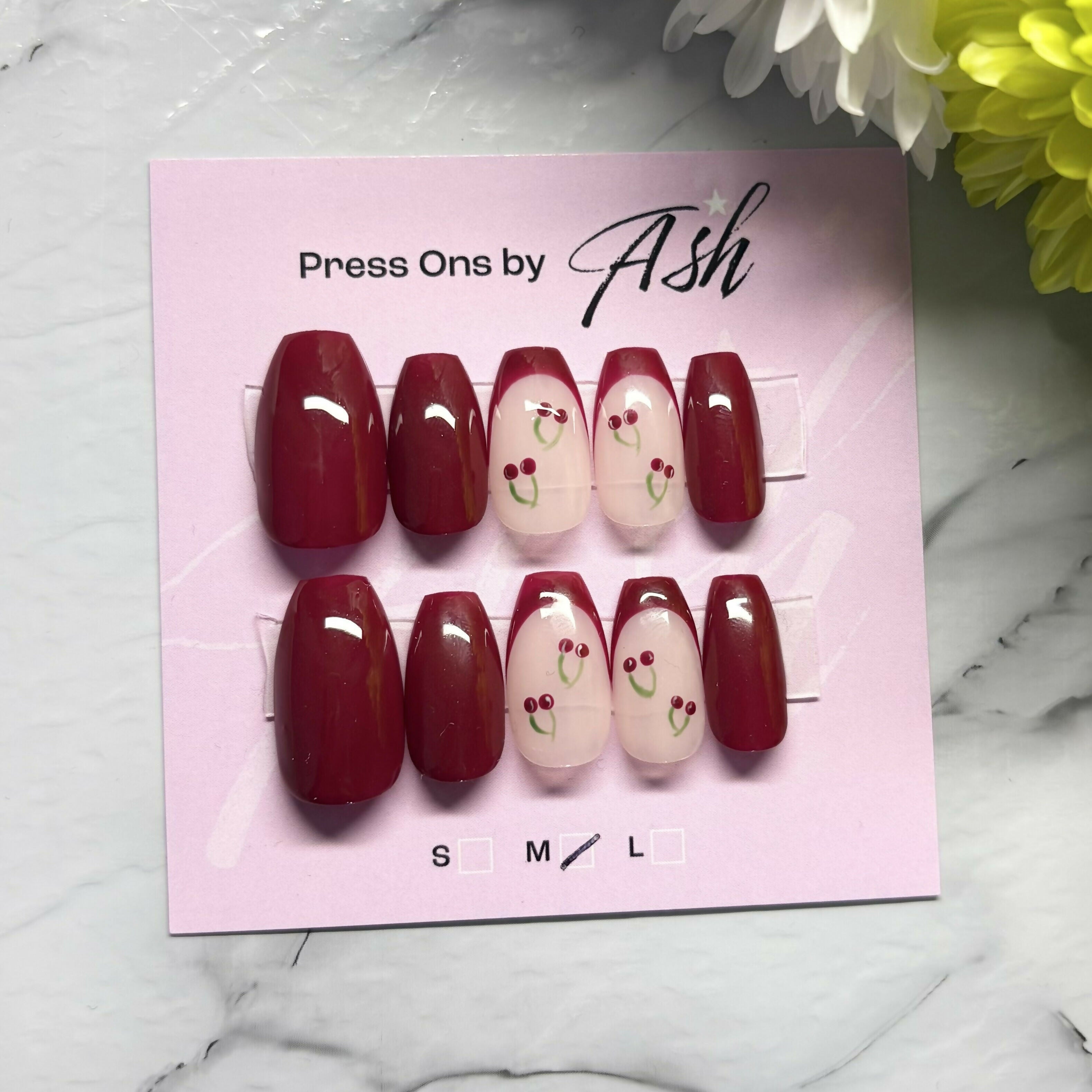 Reusable French Tip With Cherries Handmade Press On Nails