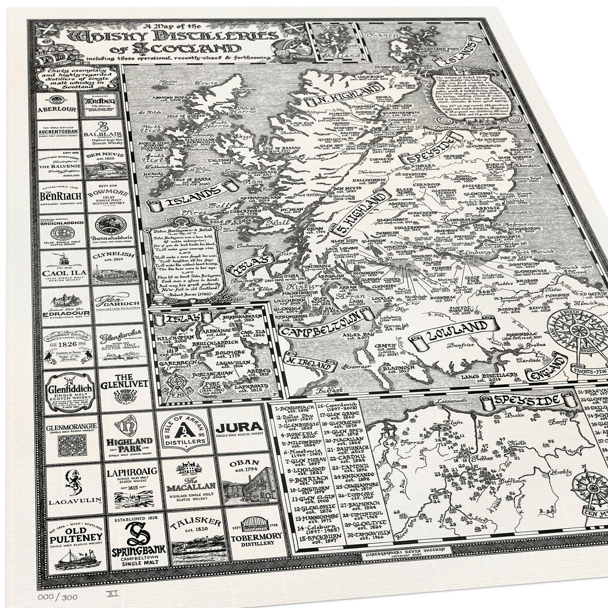 Scotland Whisky Map Hand Drawn Fine Art Print