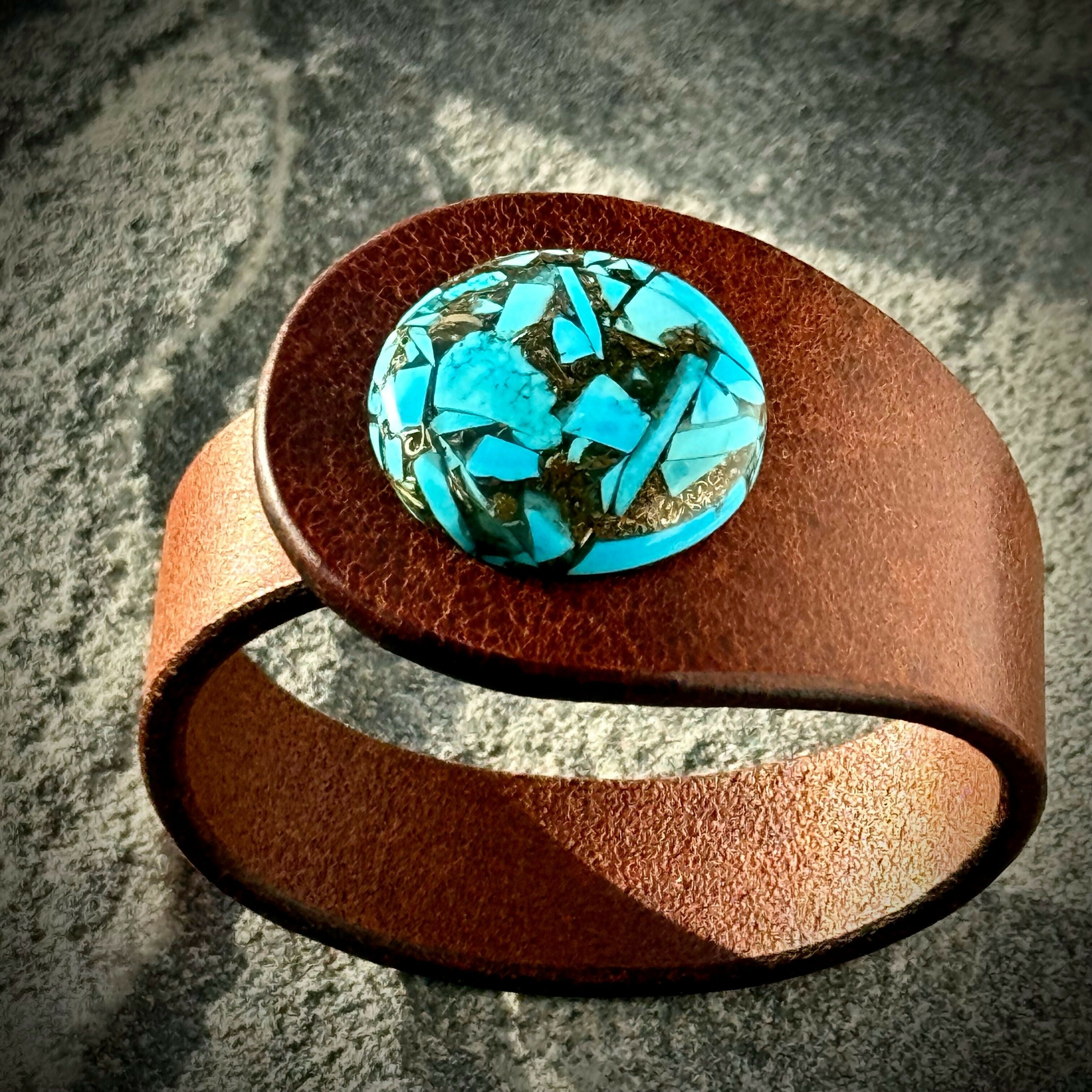 Handcrafted Natural Leather & Mohave Turquoise Gemstone Bracelet - Size S or M