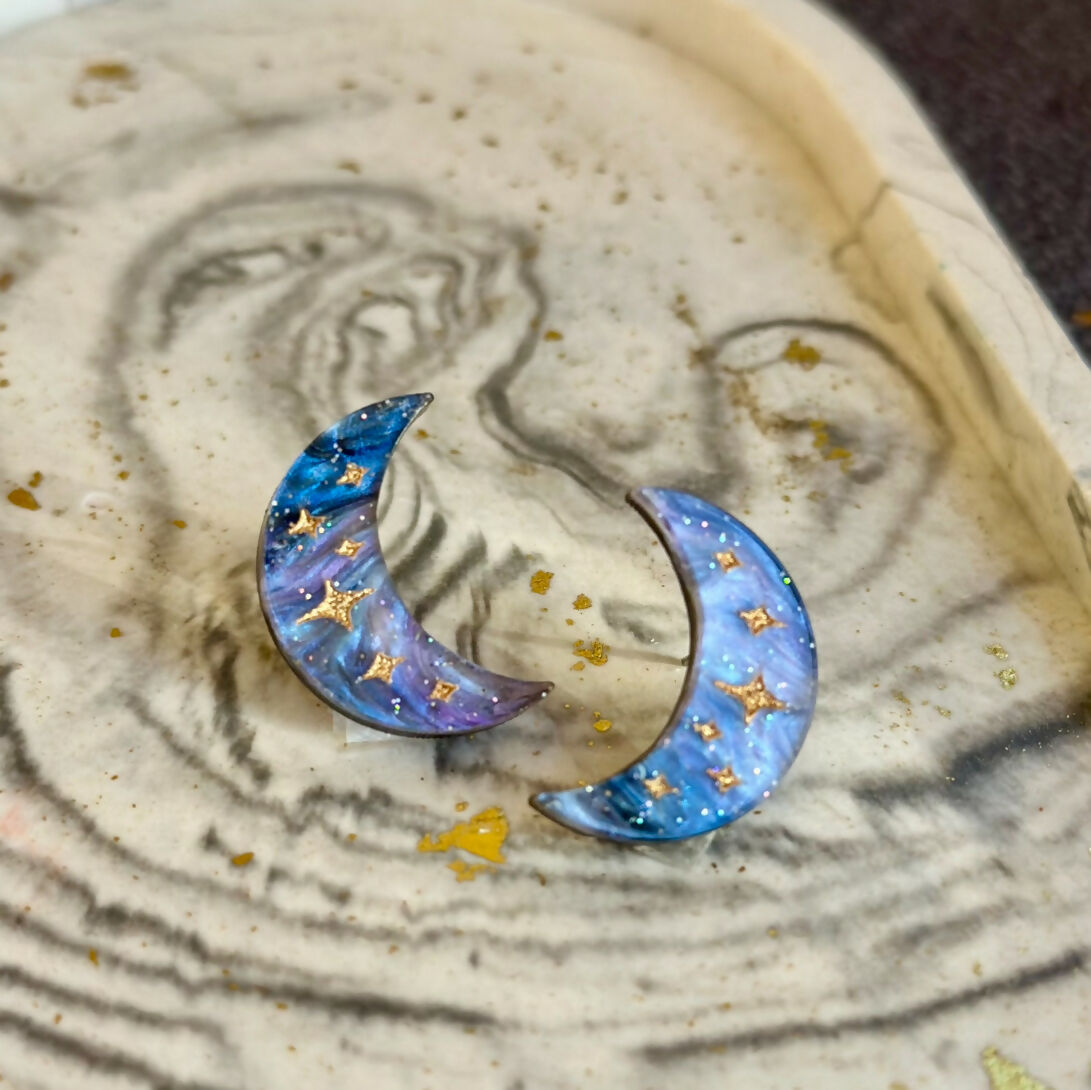 Celestial Star Engraved Marble Moon Studs