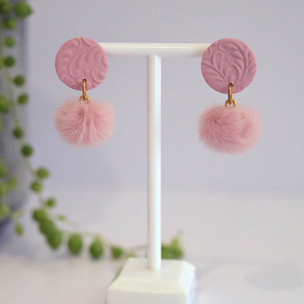 Pink Pom-Pom Dangle Earrings - Handmade Polymer Clay - Polly Plant