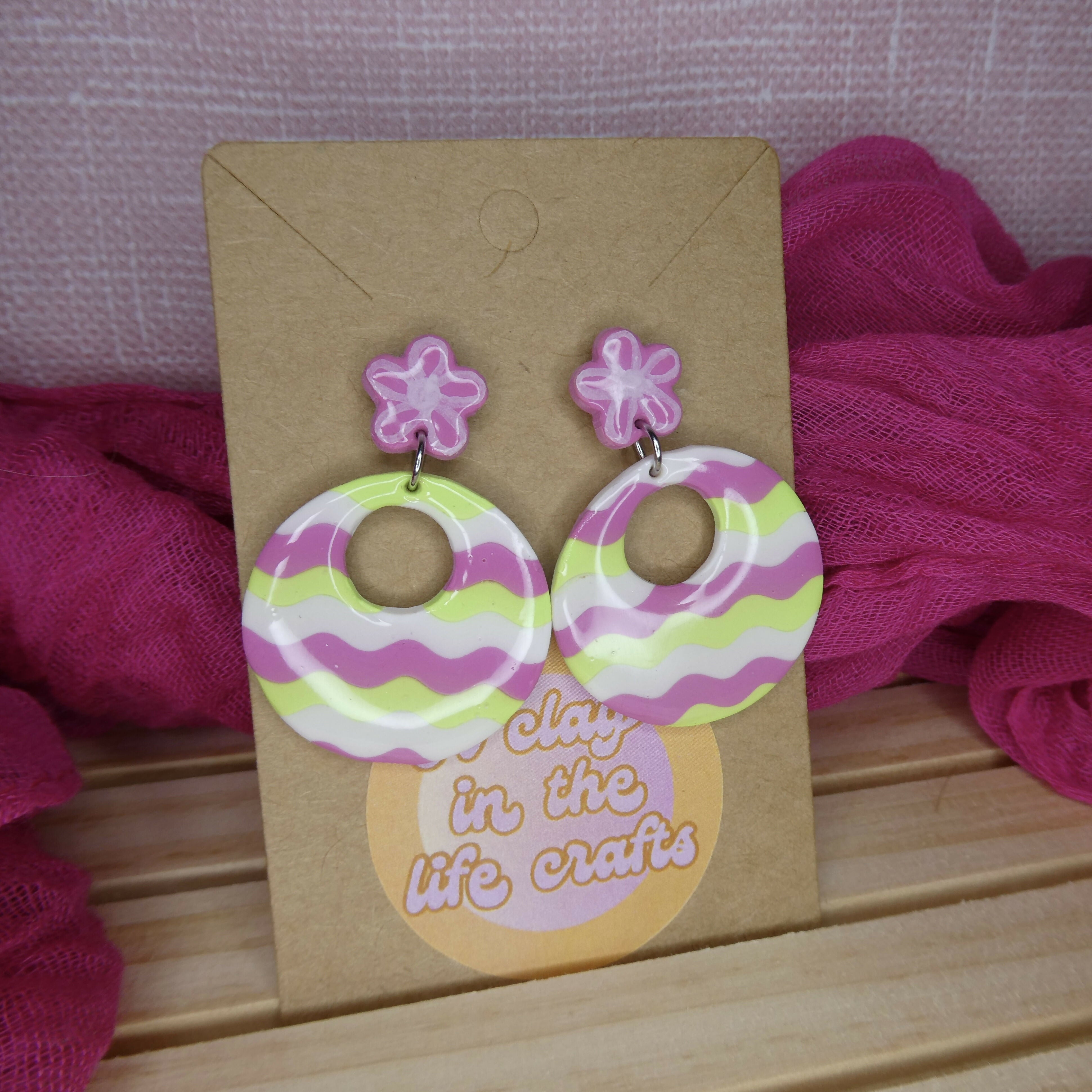 Pink White And Green Wavy Polymer Clay Earrings