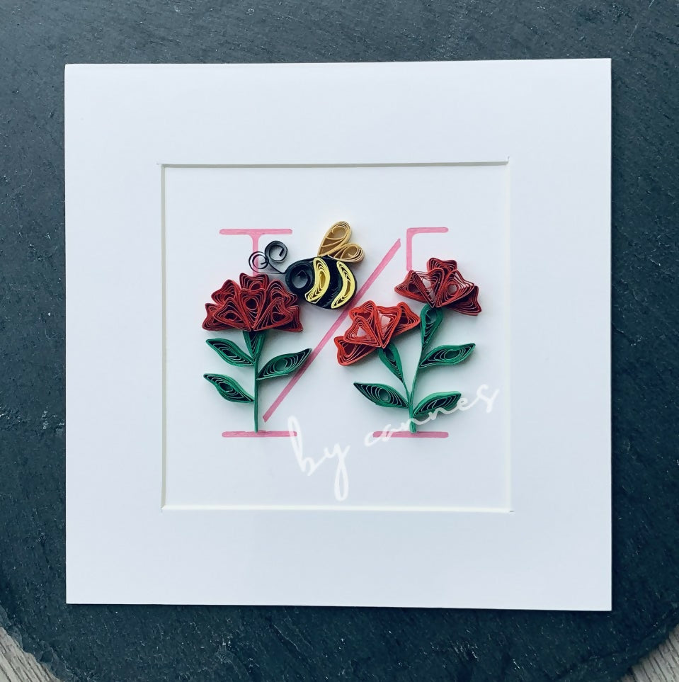 Handmade Paper Quilling Bumblebee and Red Flowers with Letter N