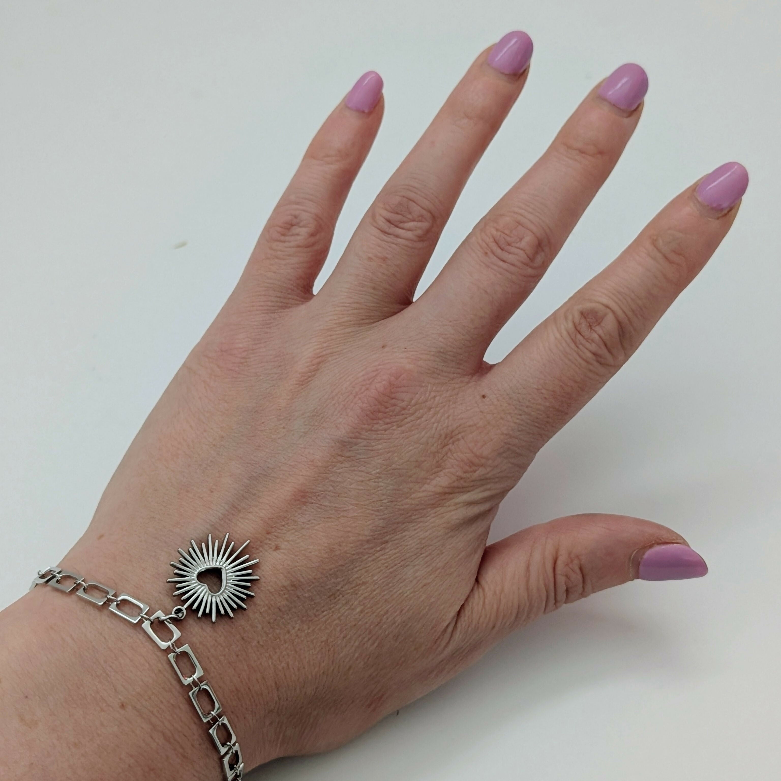 Silver Sacred Heart Bracelet on Deco Rectangular Chain