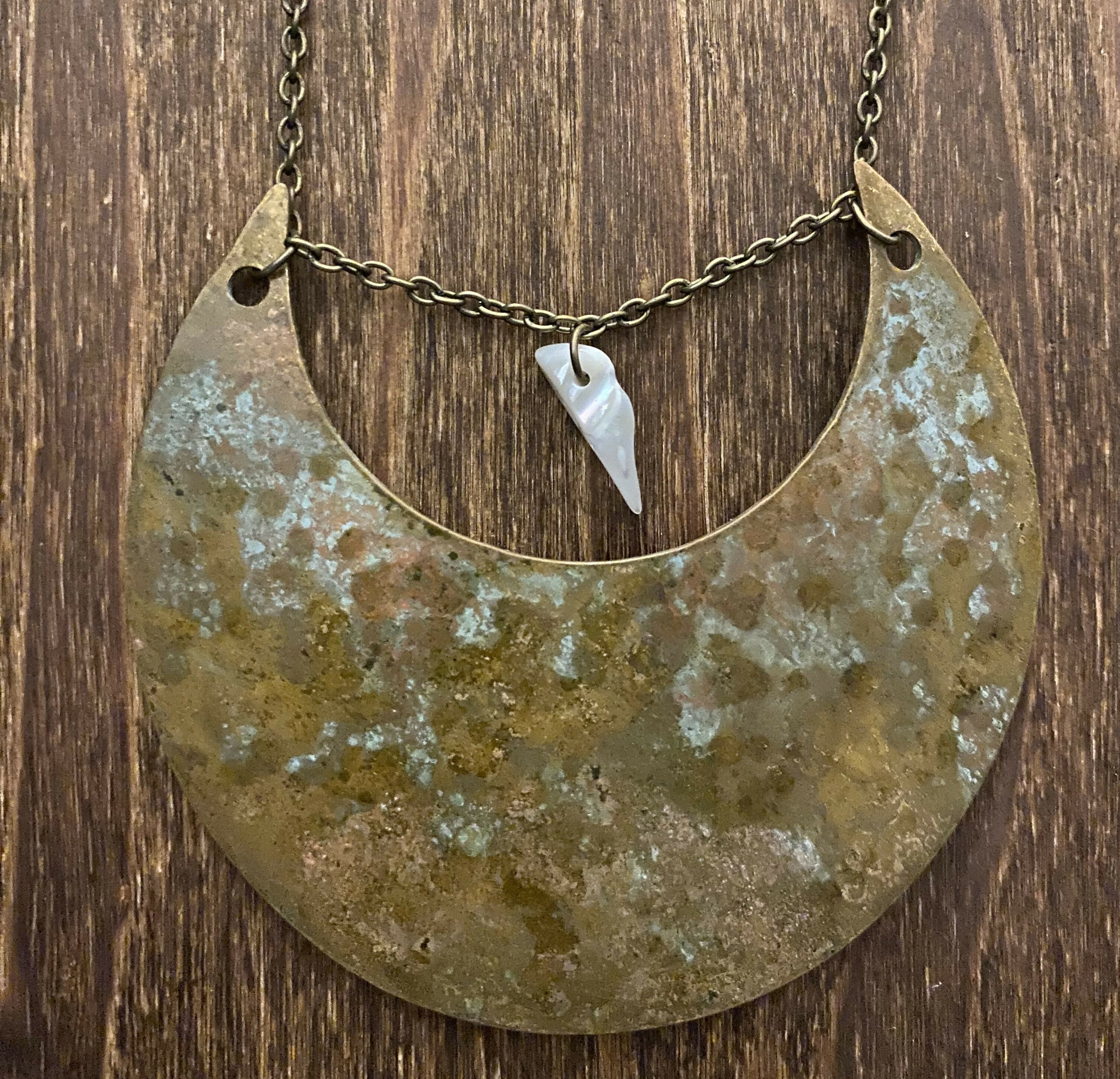 Hammered Brass Half Moon Necklace With Freshwater Pearl