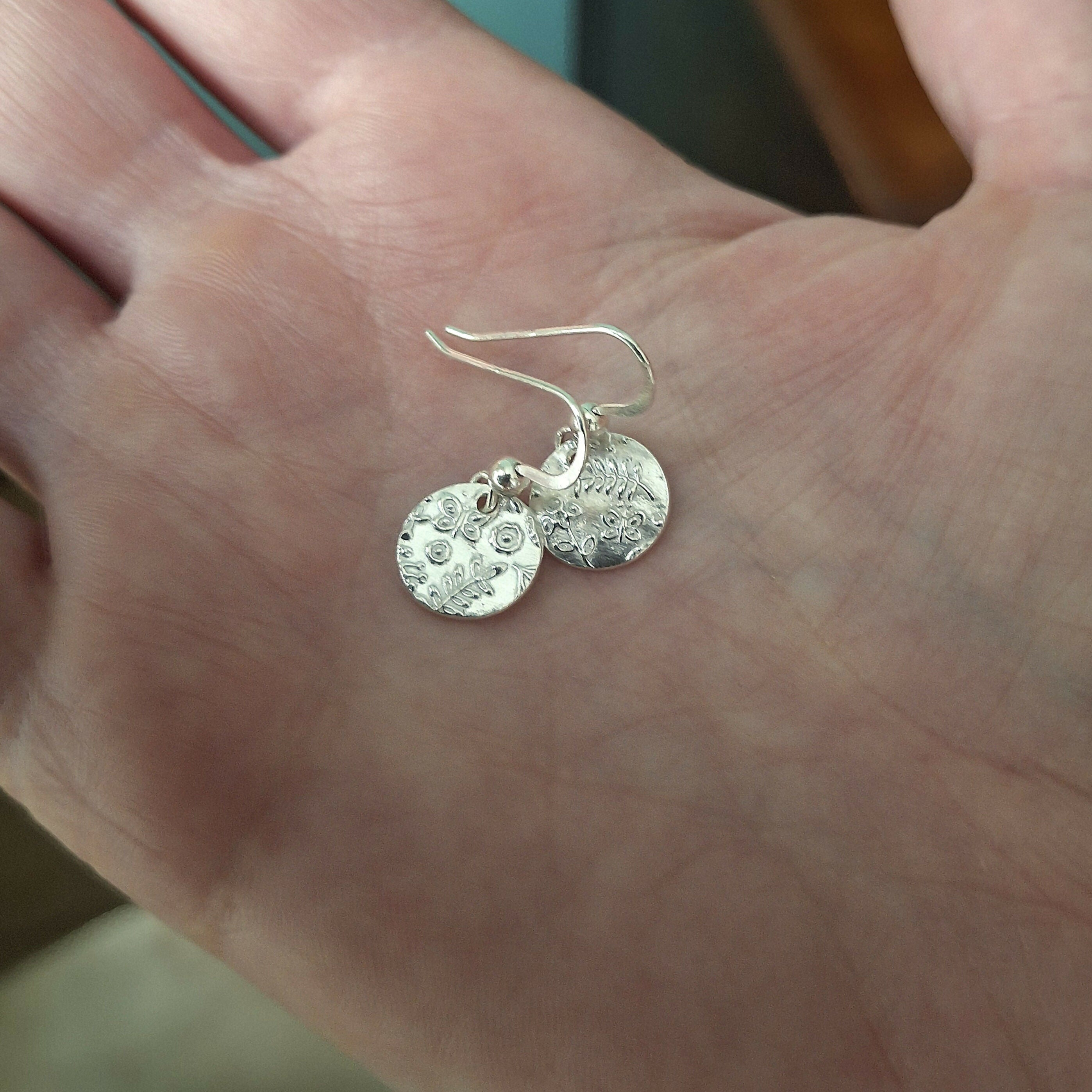 Handmade Round Silver Earrings Botanical Texture