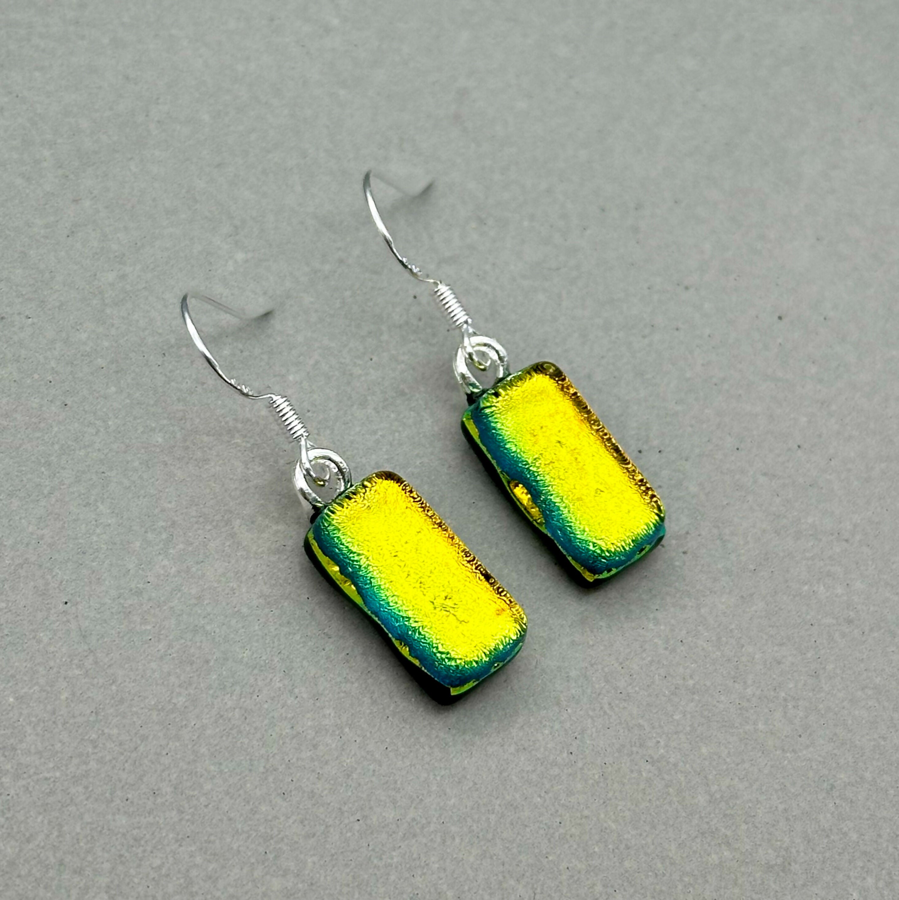 Orange Dichroic Fused Glass Dangle Sterling Silver Earrings - Handmade by Jade Tapson Glass.