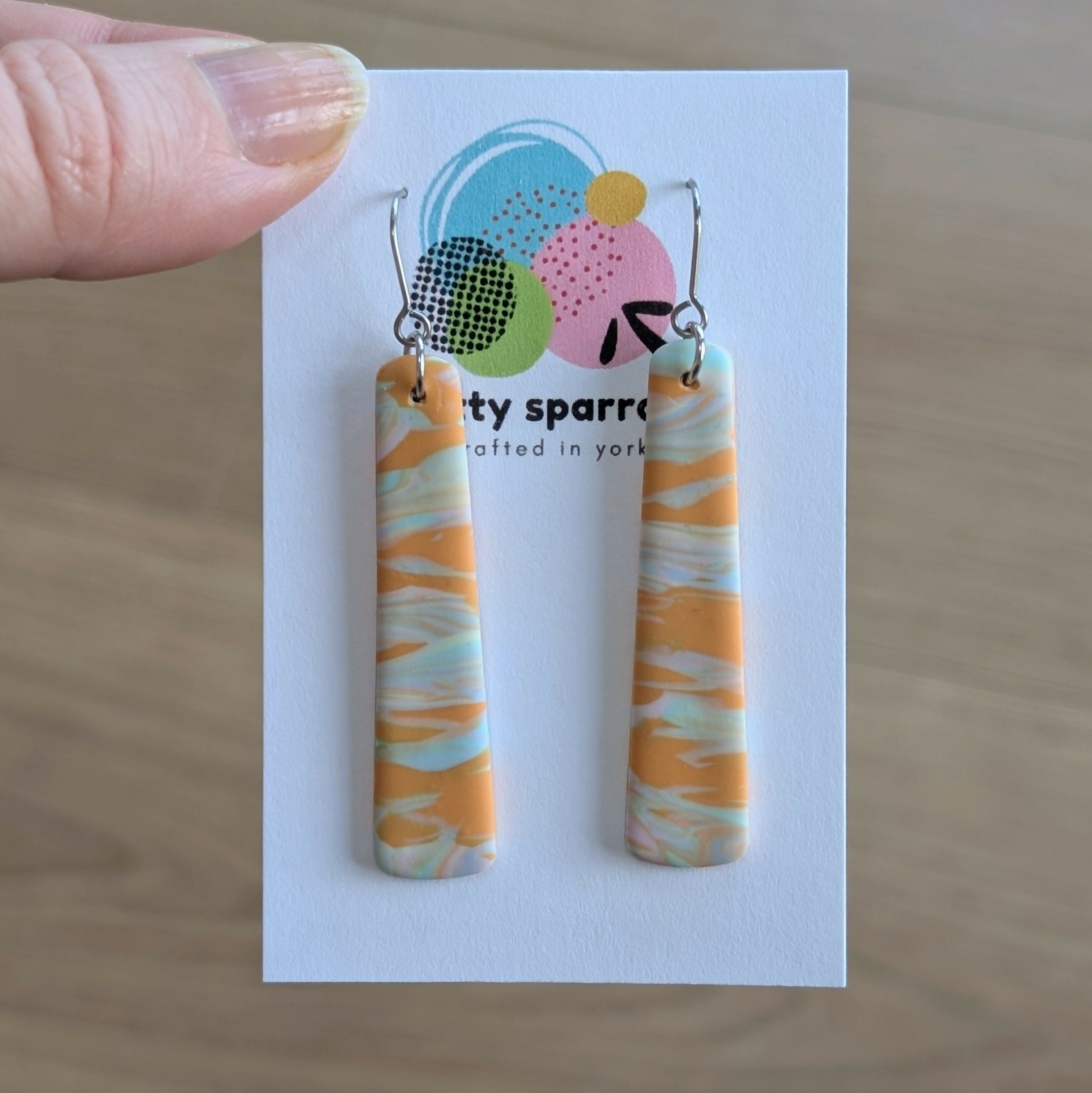 Orange & Pastel Shades Slim Hook Dangle Handmade Polymer Clay Earrings