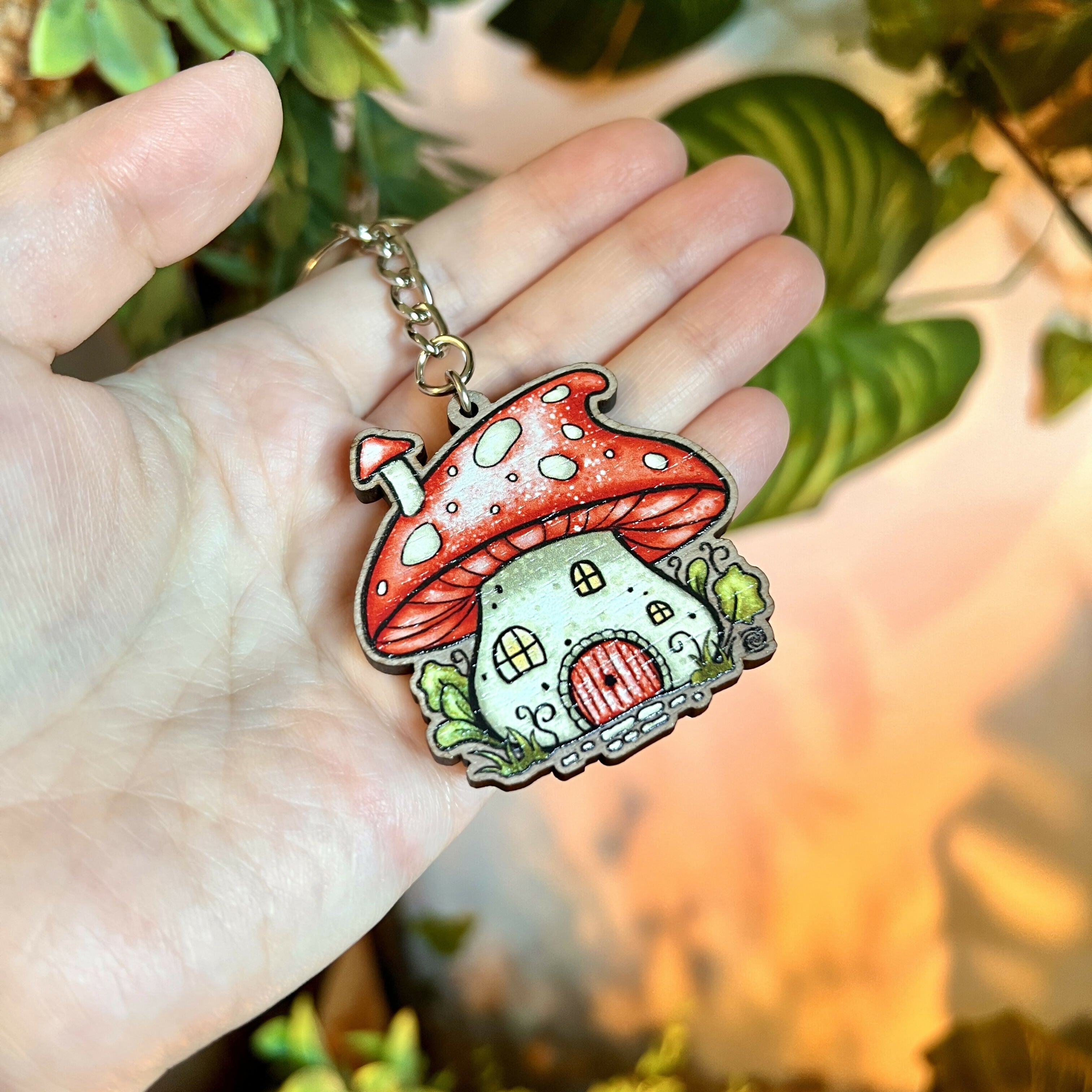 Mushroom House Wooden Keyring